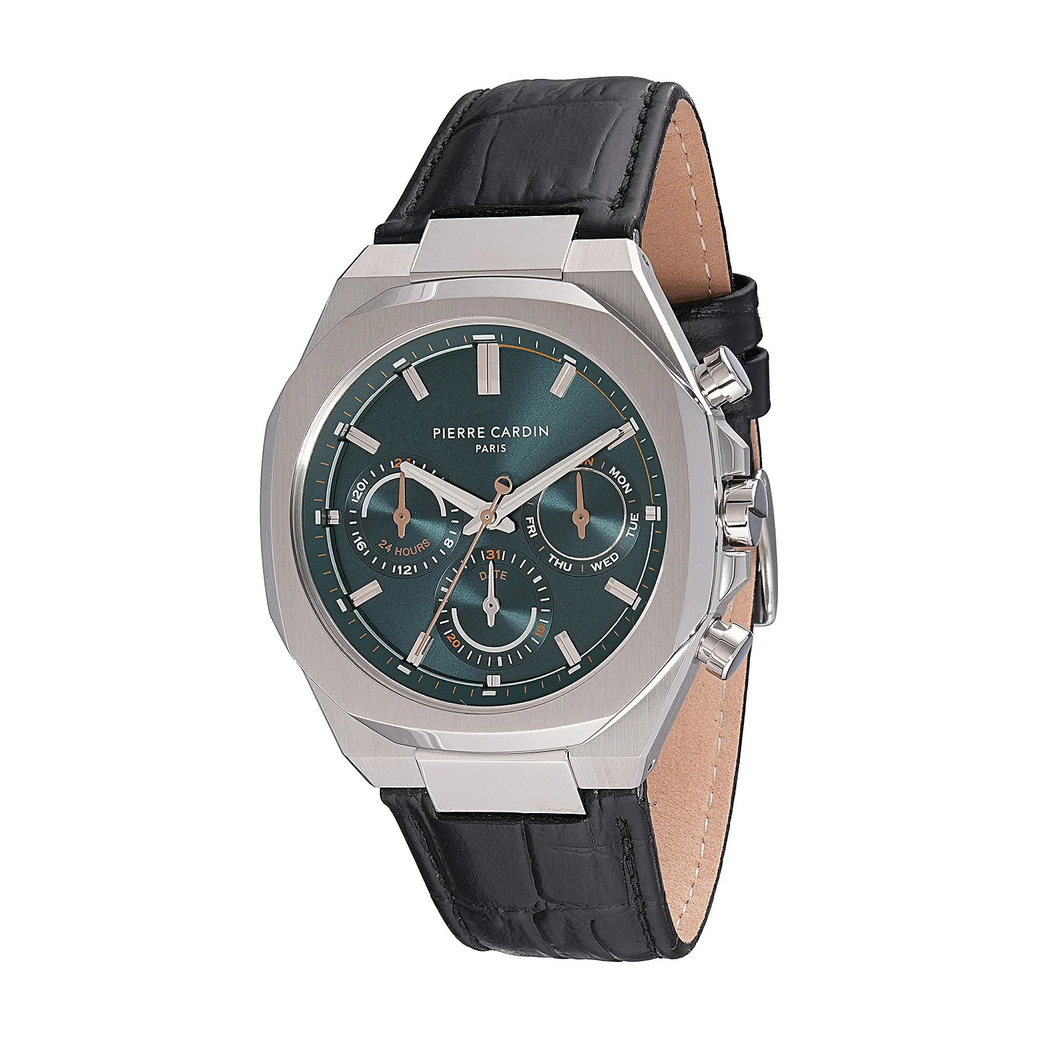 Maison 8 Vogue Men’s 42mm Stainless Steel Watch - Green Dial with Black Leather Strap - Image 2