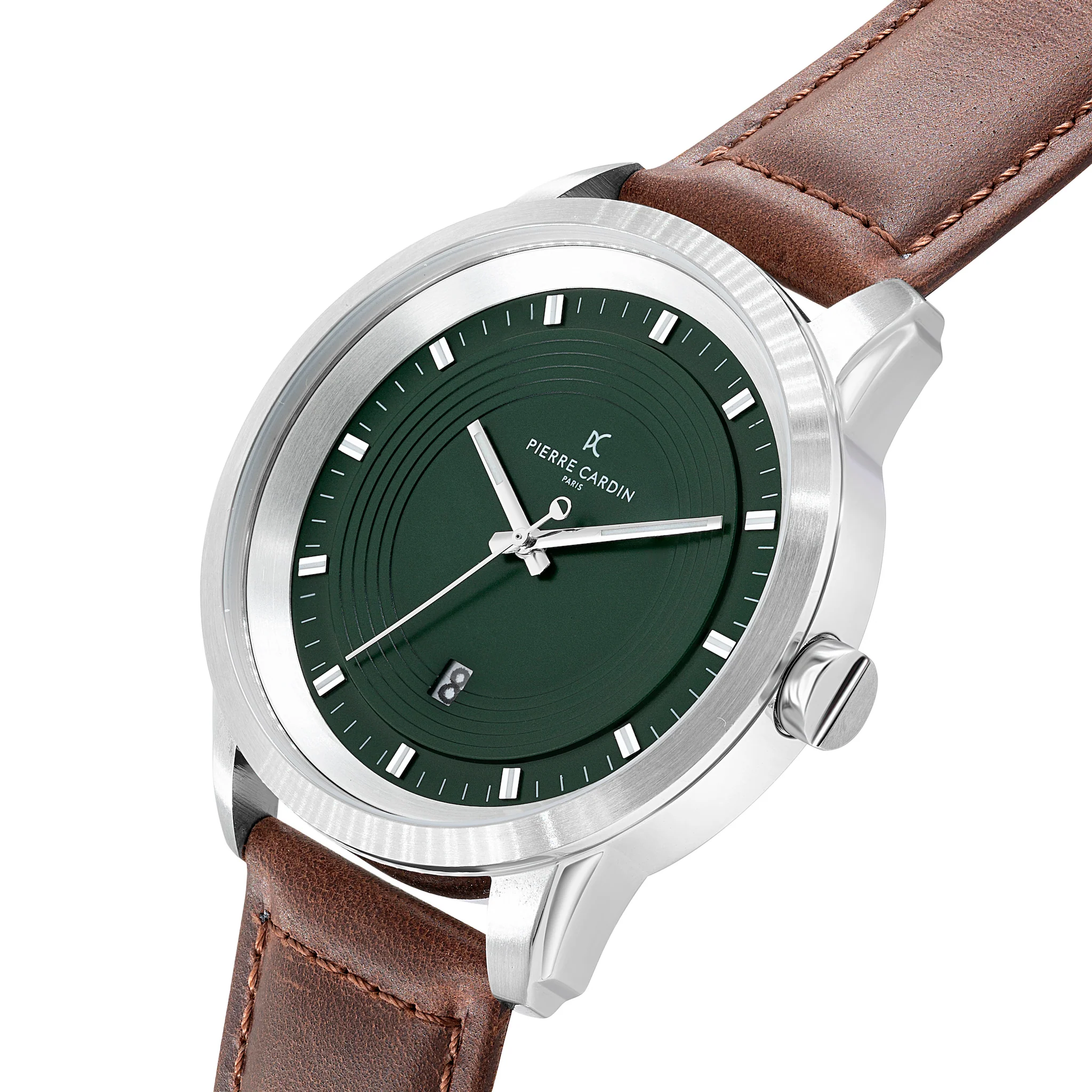 Les Halles Green Dial Silver Watch with Brown Leather Strap - Image 2
