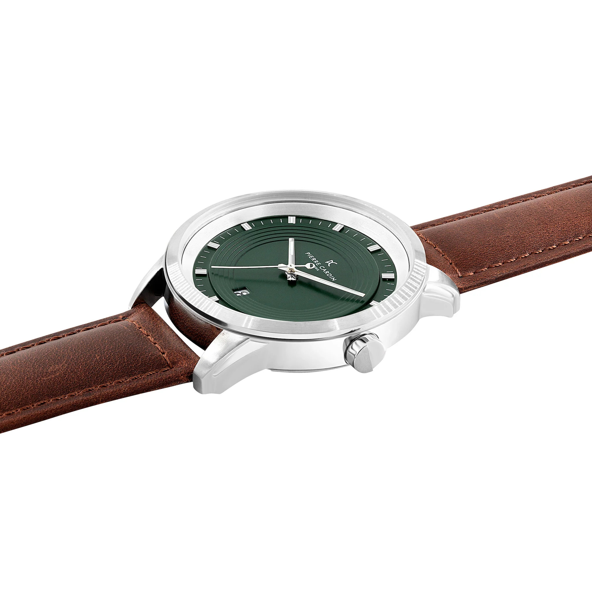Les Halles Green Dial Silver Watch with Brown Leather Strap - Image 3