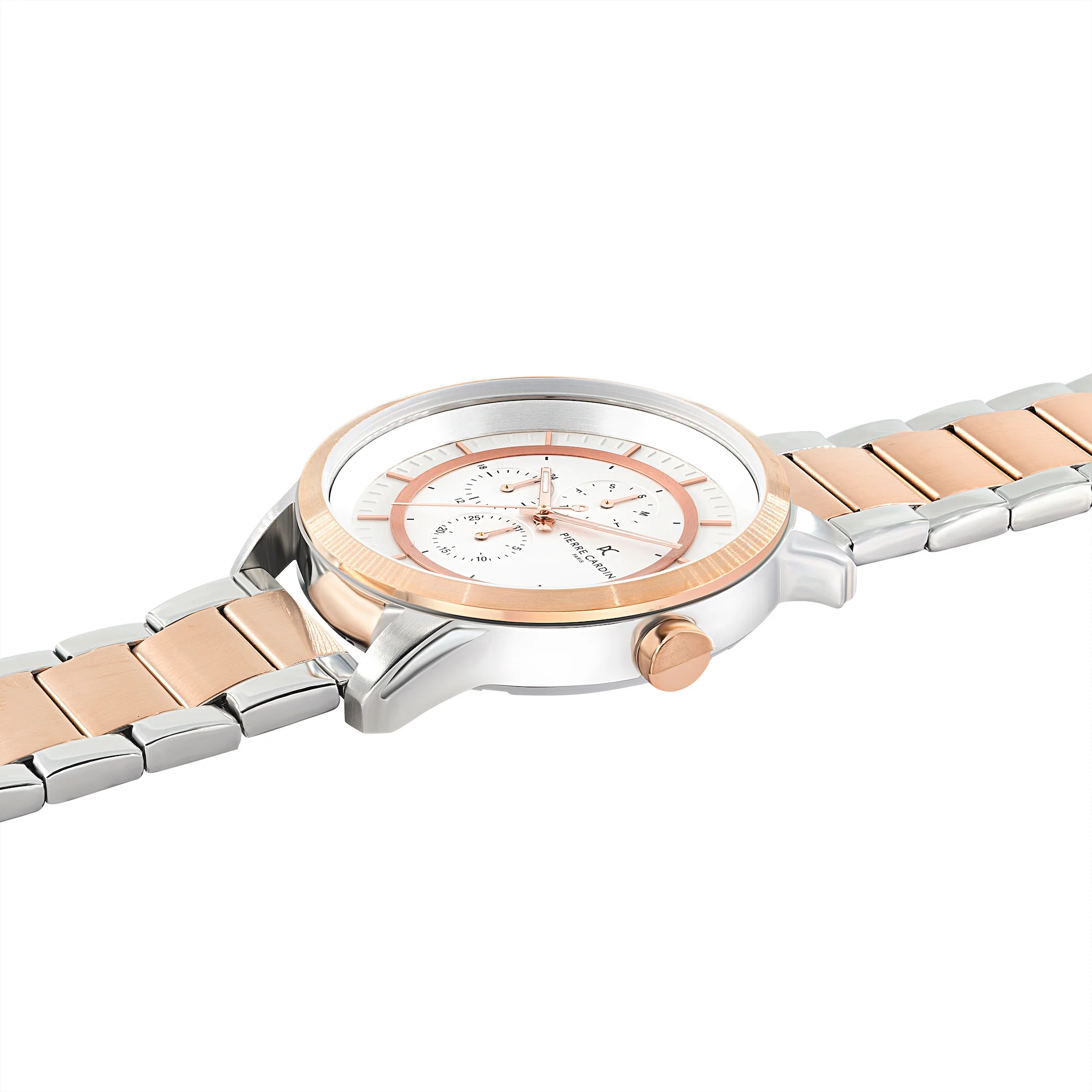 Les Halles White Dial Two Tone Rose Gold and Silver Multifunction Watch with Metal Links Strap - Image 3