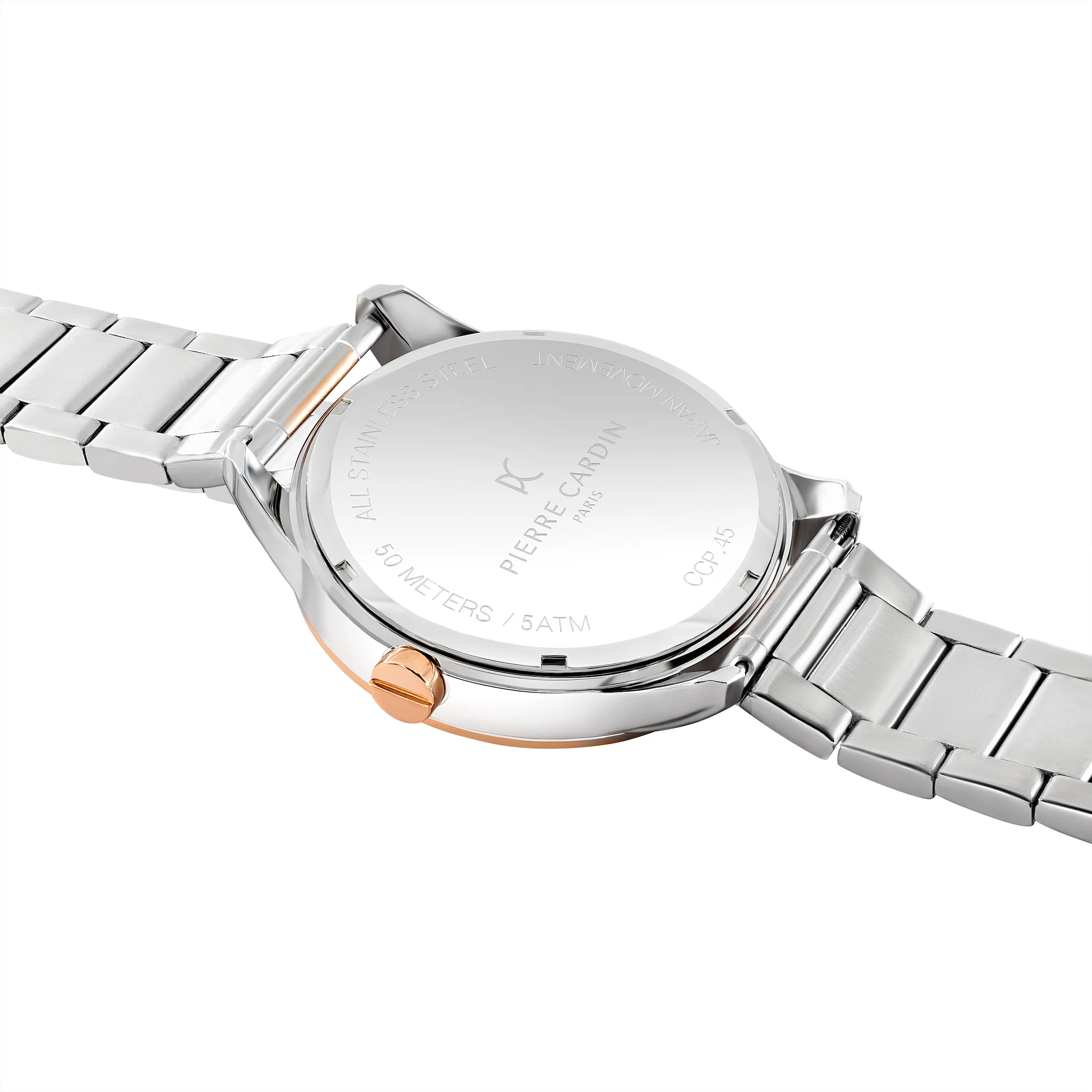 Les Halles White Dial Two Tone Rose Gold and Silver Multifunction Watch with Metal Links Strap - Image 4