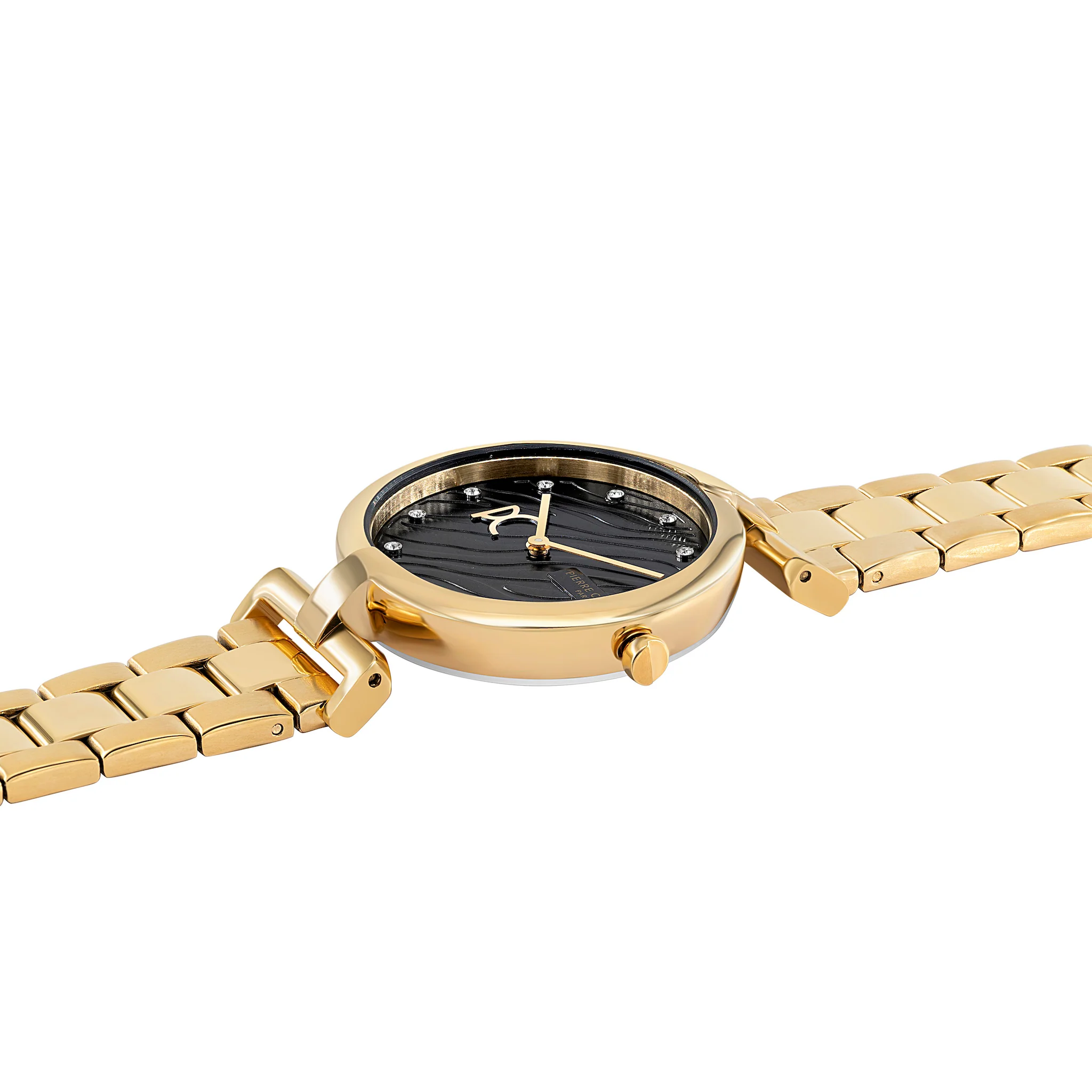 Madeleine Patterned Black Dial Gold Metal Link Band Watch - Image 3