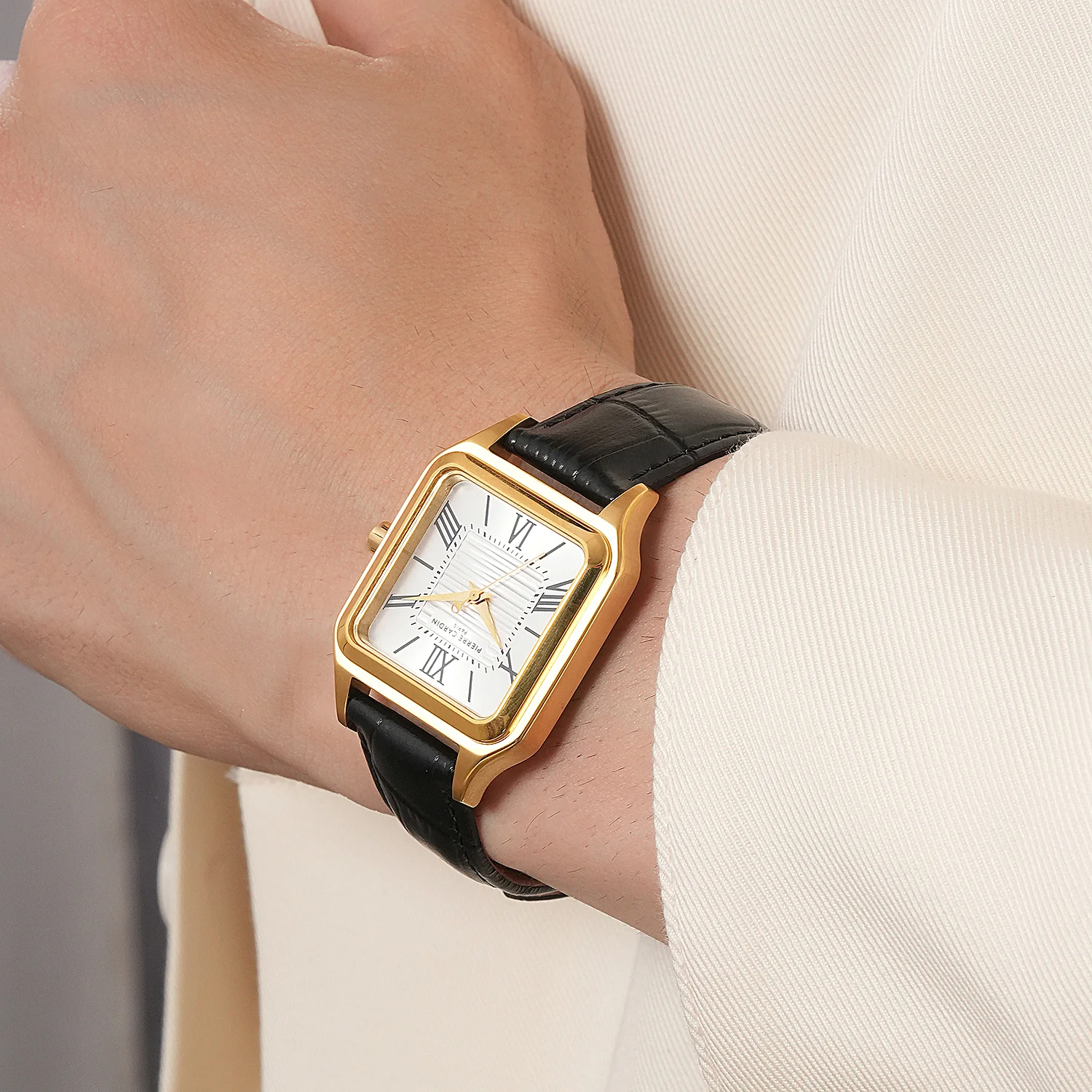 Ménilmontant Carré Men’s Square Watch - Gold Case, Silver Dial with Black Leather Strap - Image 8