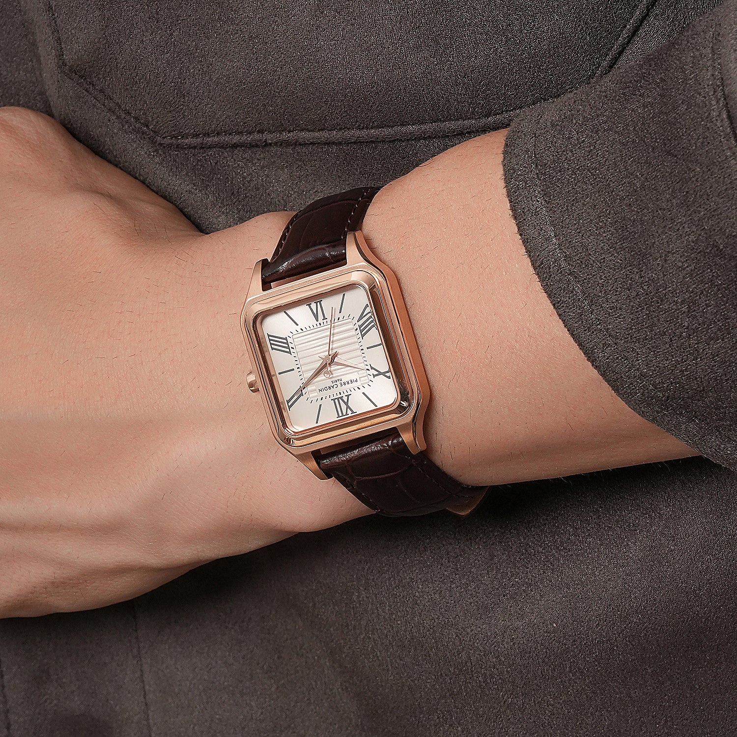 Ménilmontant Carré Men’s Square Watch - Rose Gold Case, Salmon Dial with Brown Leather Strap - Image 7