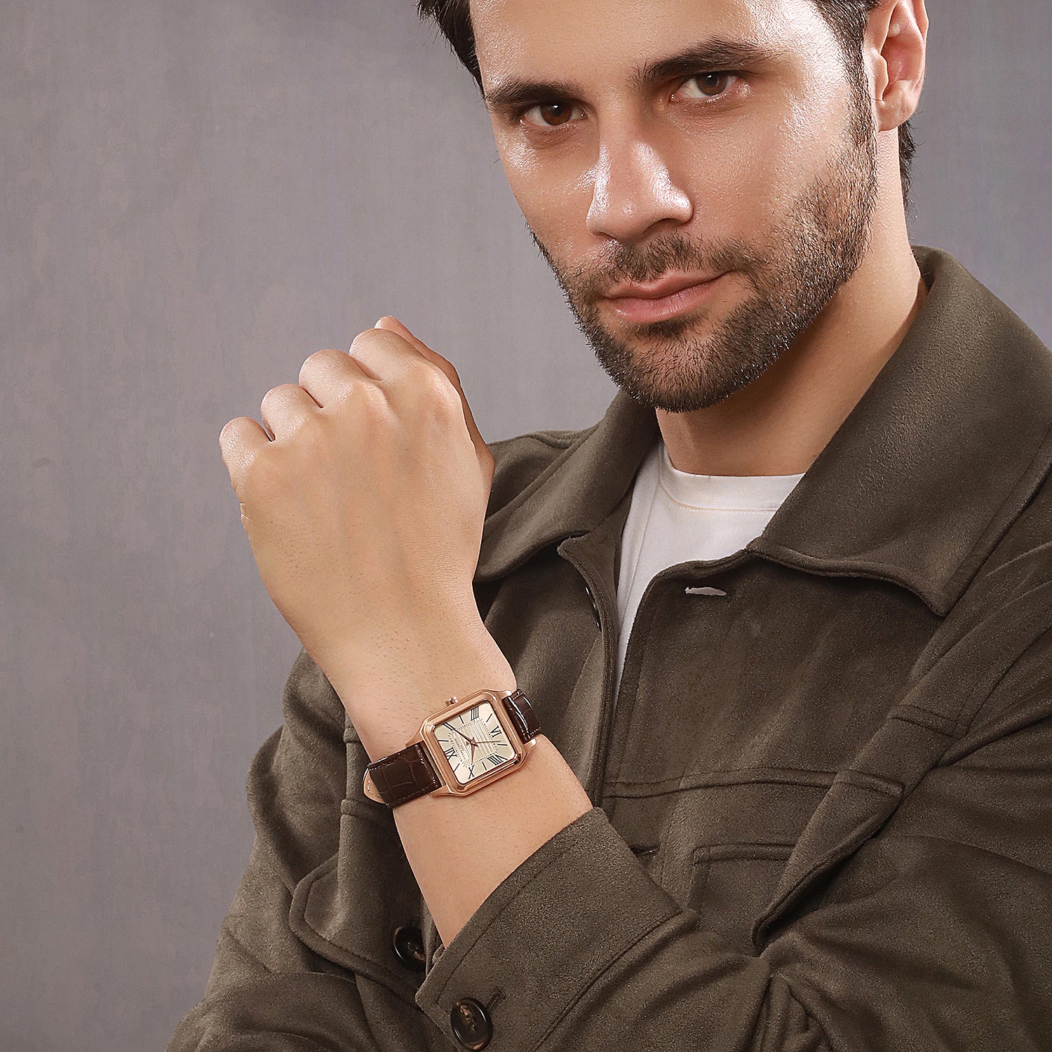 Ménilmontant Carré Men’s Square Watch - Rose Gold Case, Salmon Dial with Brown Leather Strap - Image 8