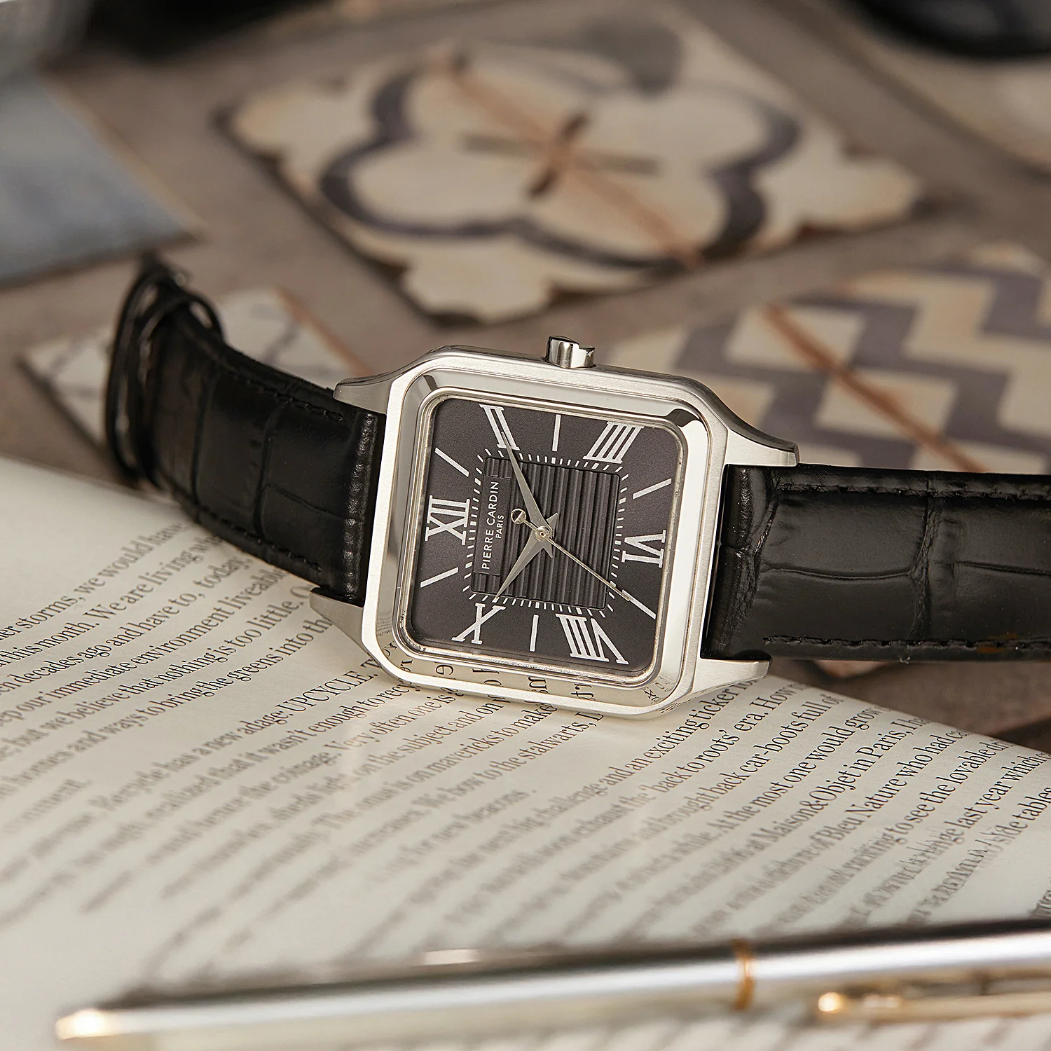 Ménilmontant Carré Men’s Square Watch - Silver Case, Black Dial with Black Leather Strap - Image 6
