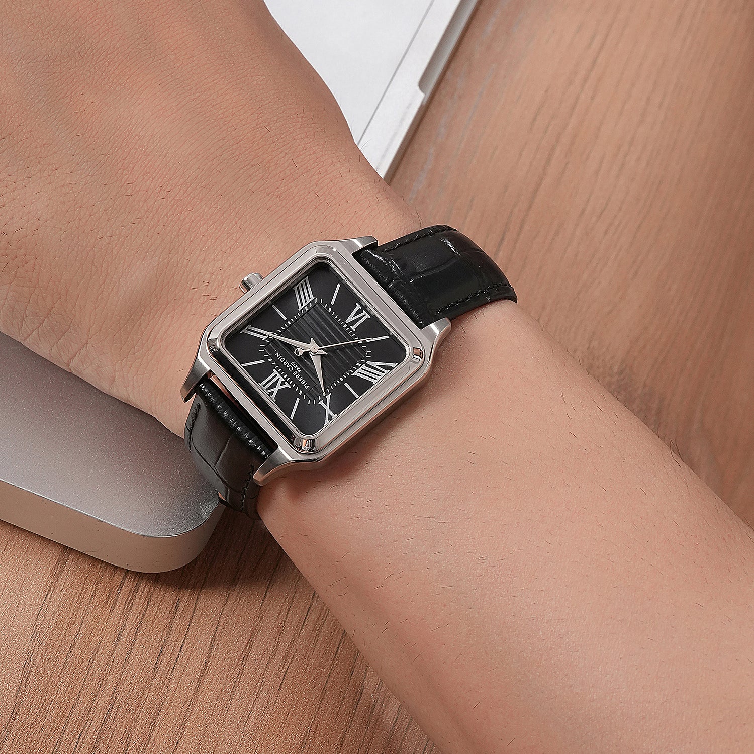 Ménilmontant Carré Men’s Square Watch - Silver Case, Black Dial with Black Leather Strap - Image 7