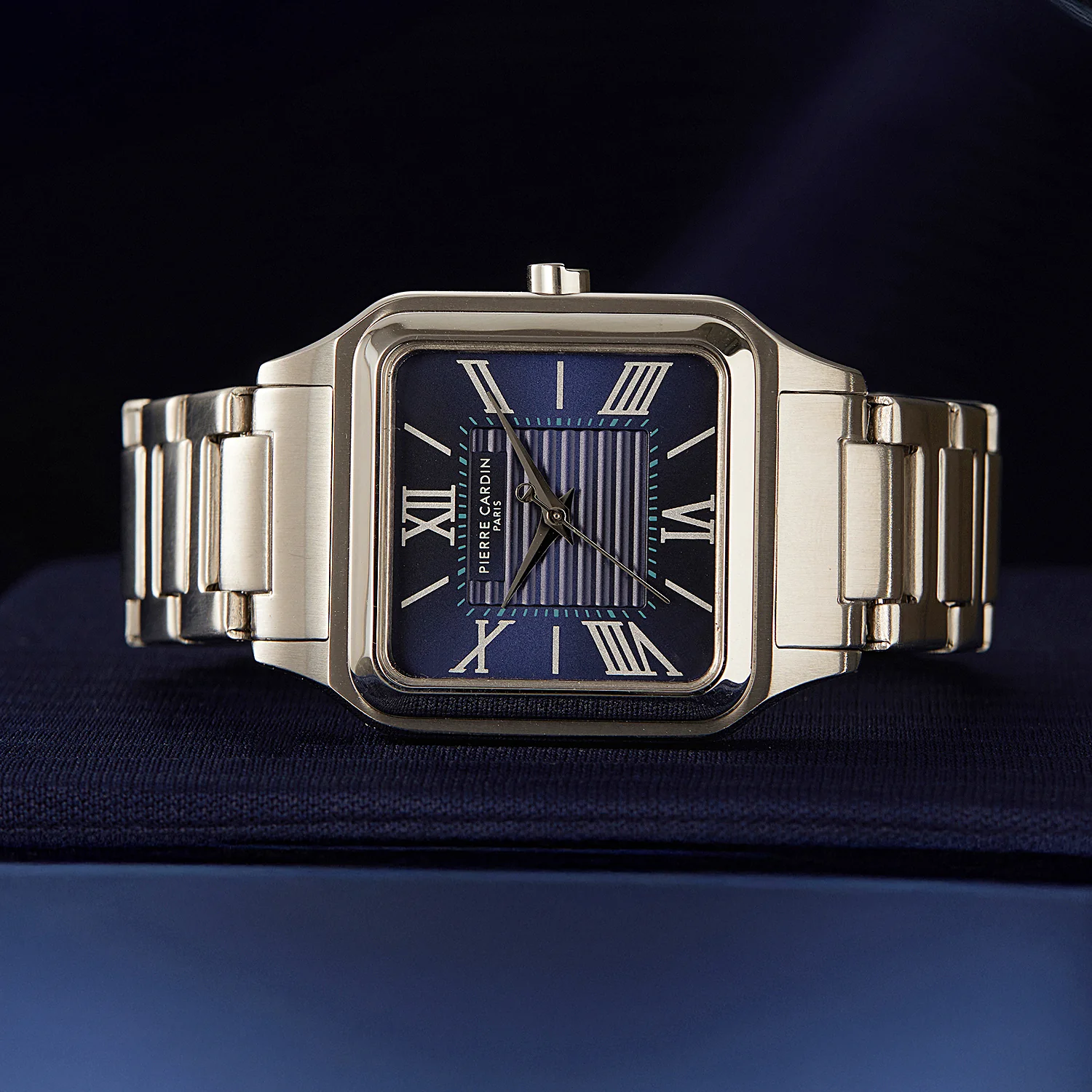 Ménilmontant Carré Men’s Square Watch - Silver Case, Blue Dial with Silver Metal Strap - Image 6