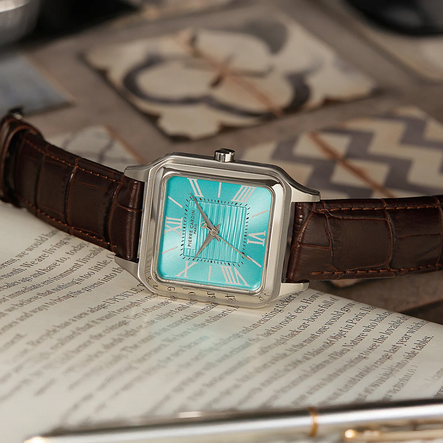 Ménilmontant Carré Men’s Square Watch - Silver Case, Celeste Blue Dial with Brown Leather Strap - Image 5