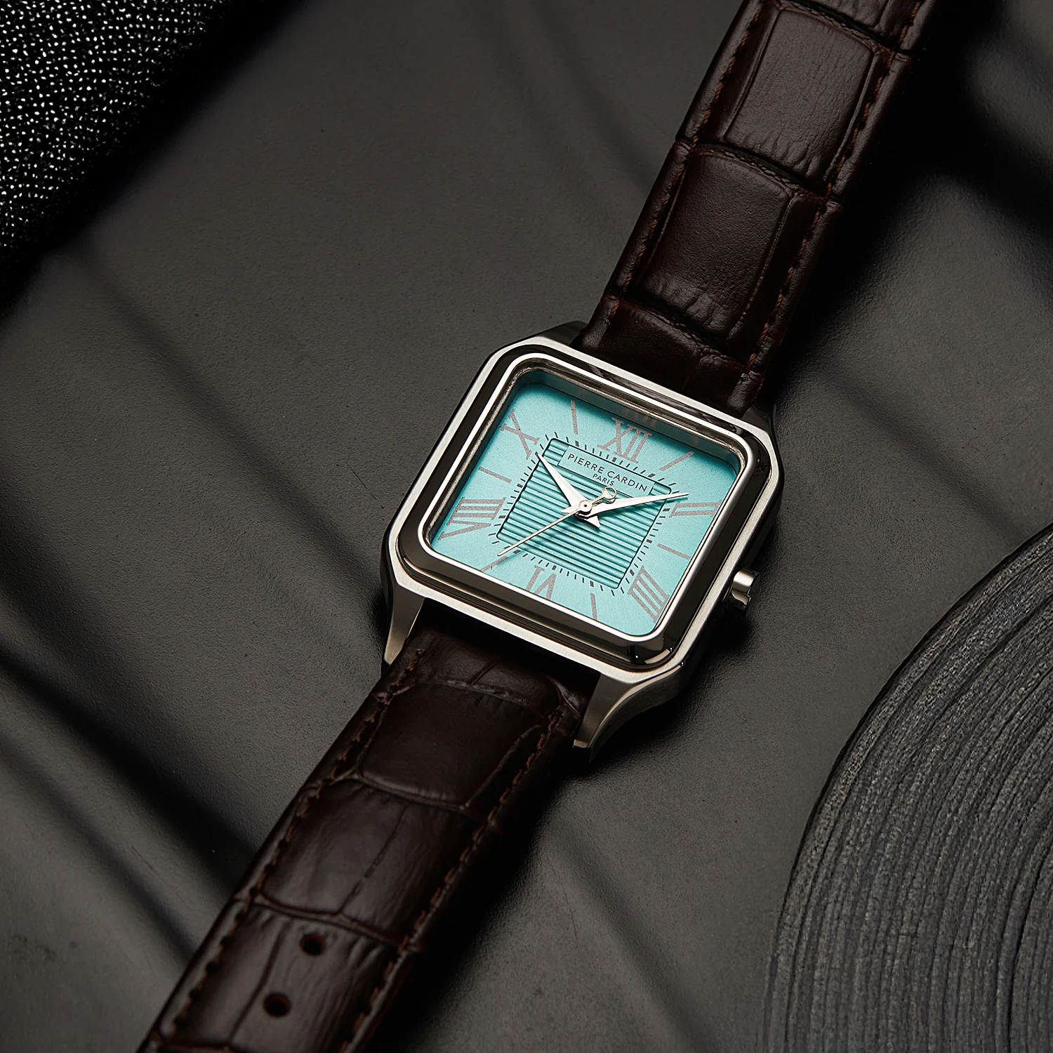 Ménilmontant Carré Men’s Square Watch - Silver Case, Celeste Blue Dial with Brown Leather Strap - Image 6