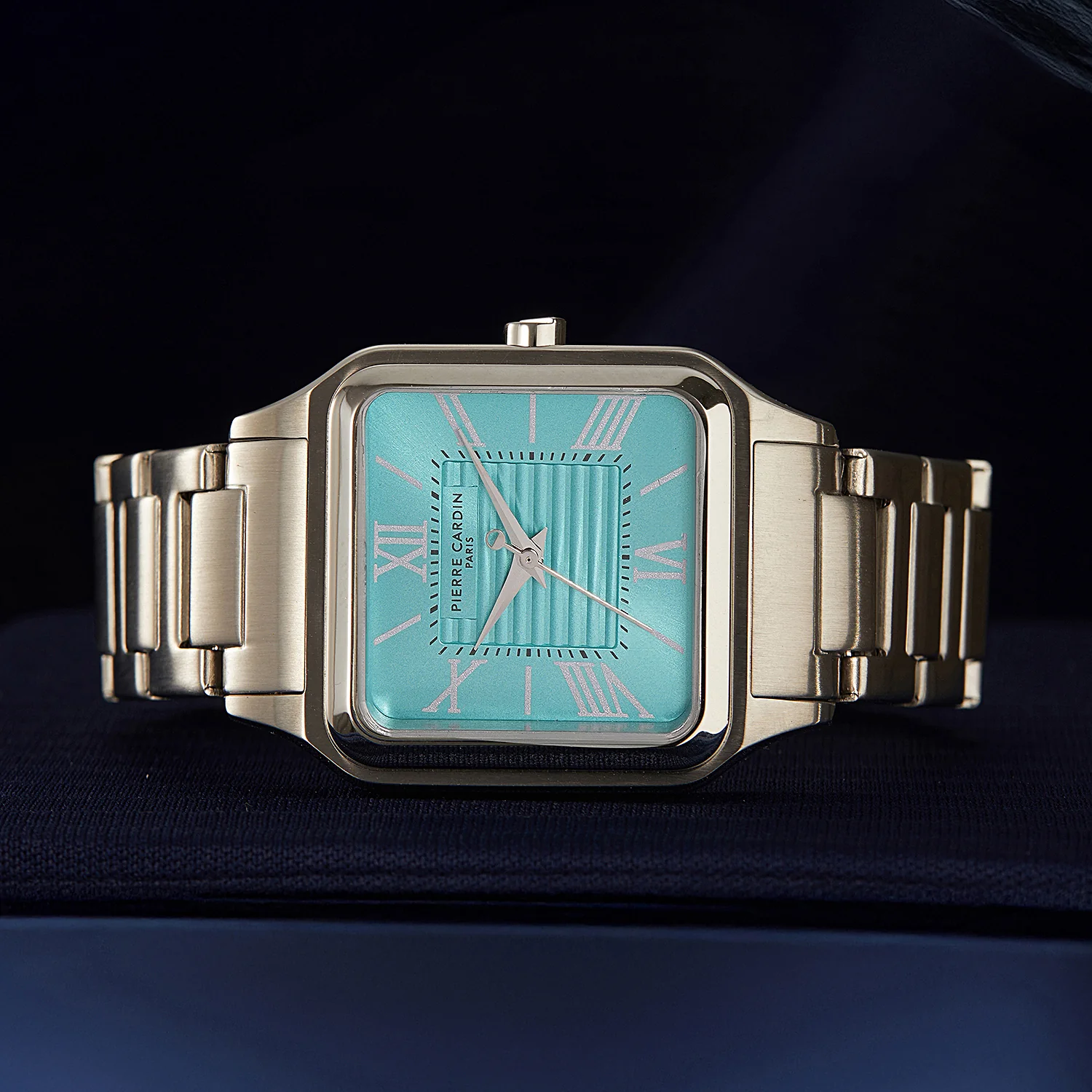 Ménilmontant Carré Men’s Square Watch - Silver Case, Celeste Blue Dial with Silver Metal Strap - Image 5