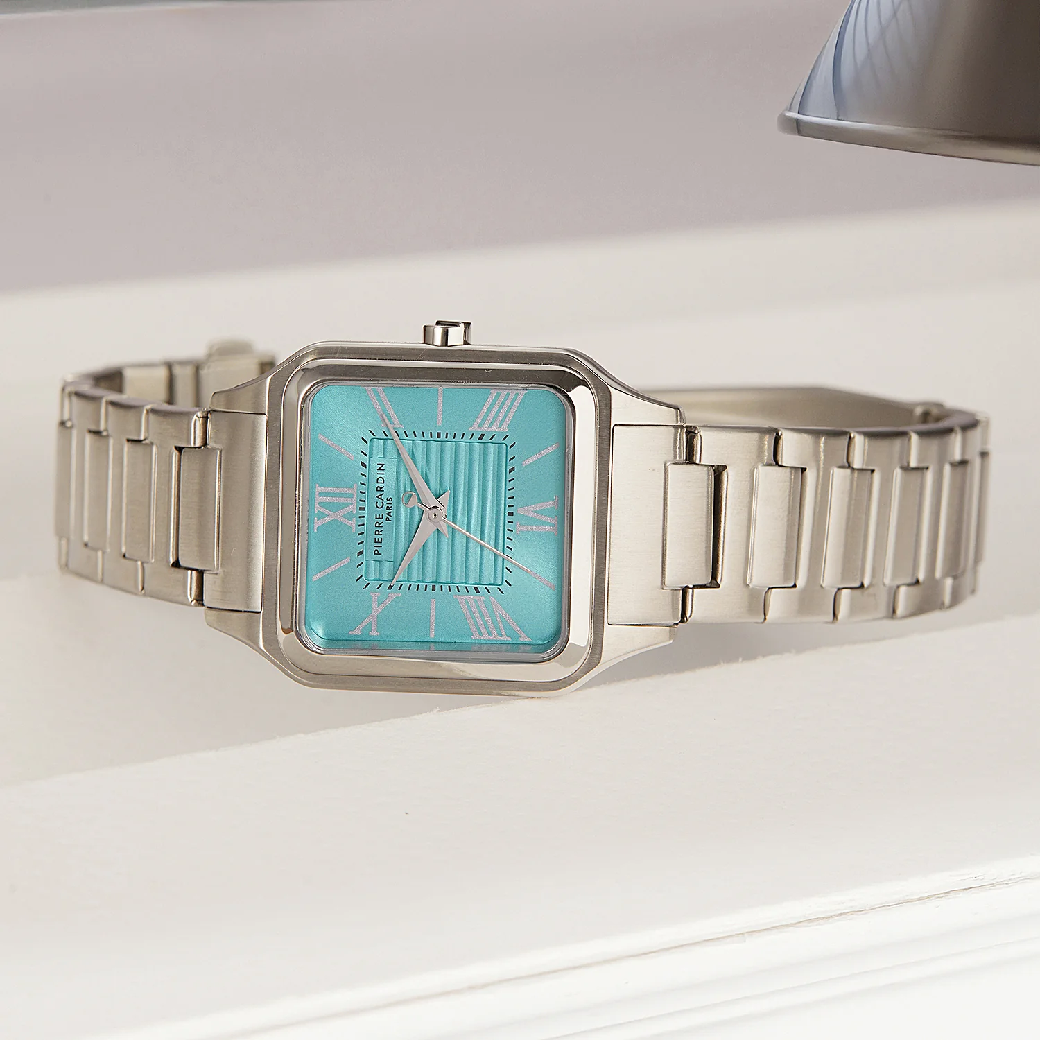 Ménilmontant Carré Men’s Square Watch - Silver Case, Celeste Blue Dial with Silver Metal Strap - Image 6