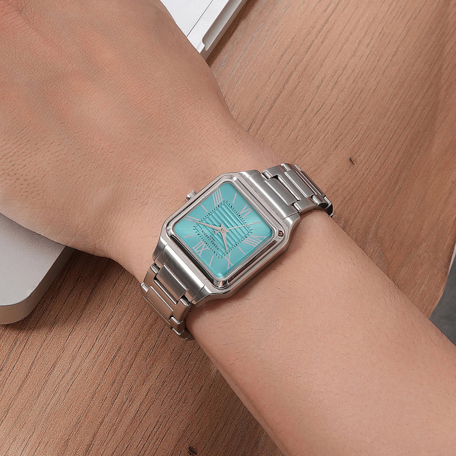 Ménilmontant Carré Men’s Square Watch - Silver Case, Celeste Blue Dial with Silver Metal Strap - Image 7
