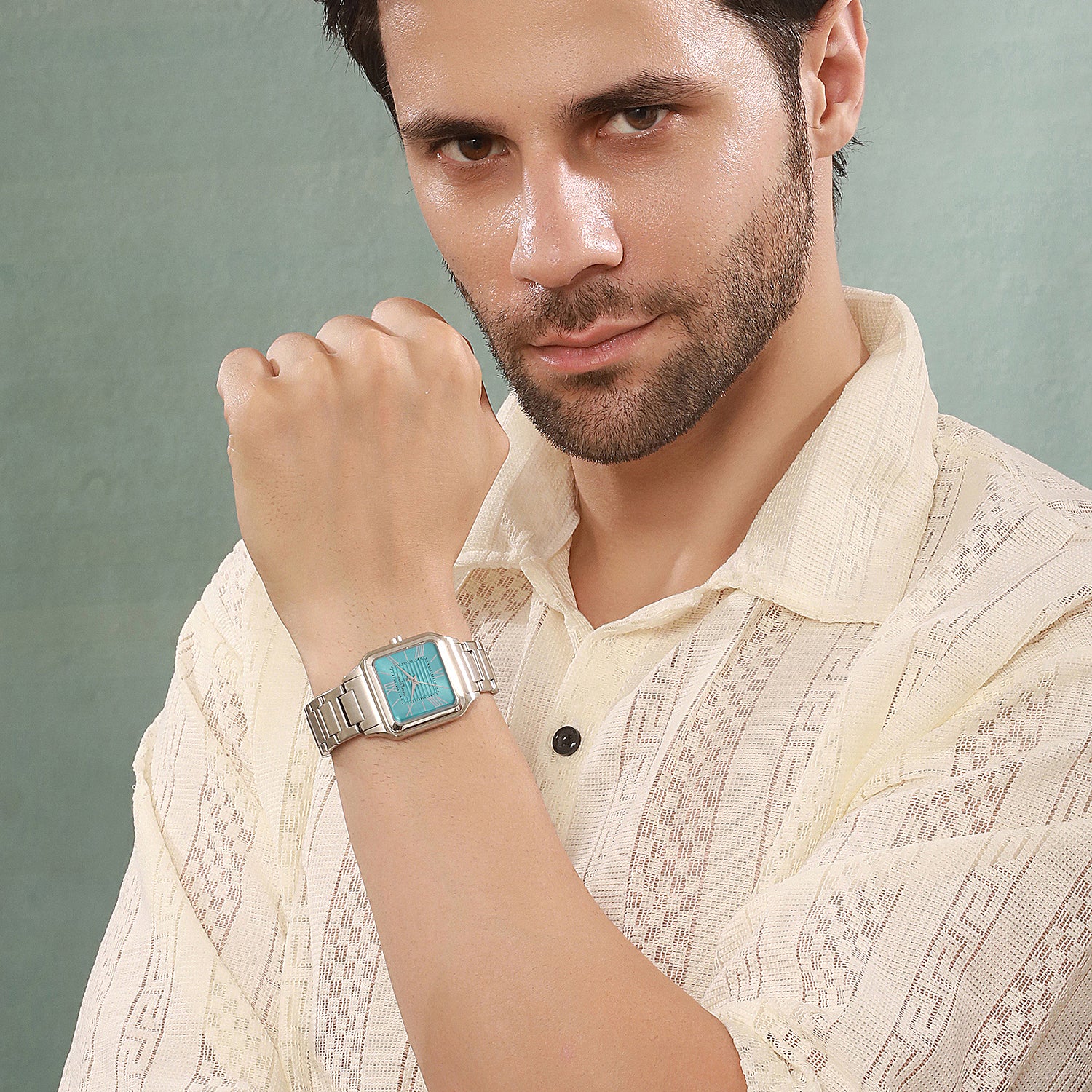 Ménilmontant Carré Men’s Square Watch - Silver Case, Celeste Blue Dial with Silver Metal Strap - Image 8