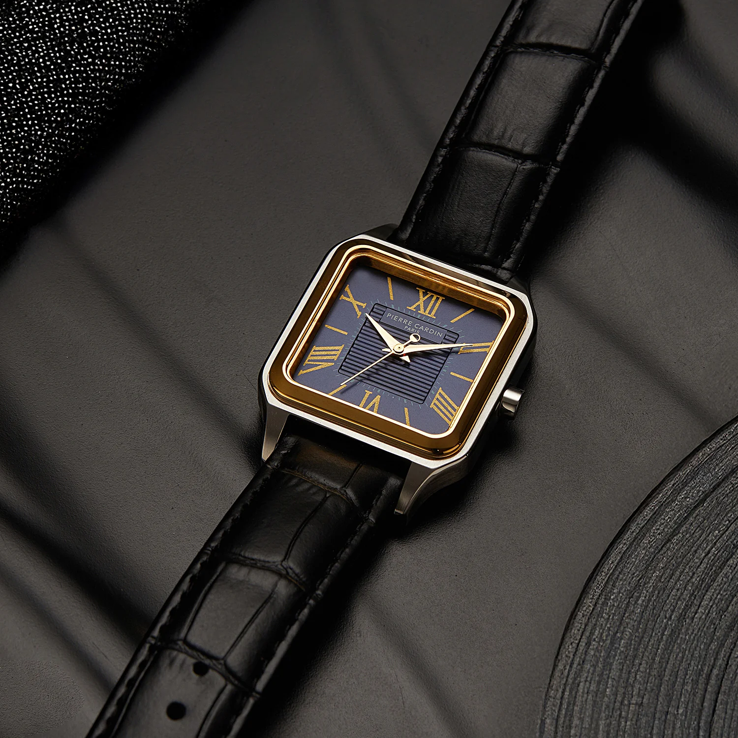 Ménilmontant Carré Men’s Square Watch - Two-Tone Gold & Silver Case, Blue Dial with Black Leather Strap - Image 5