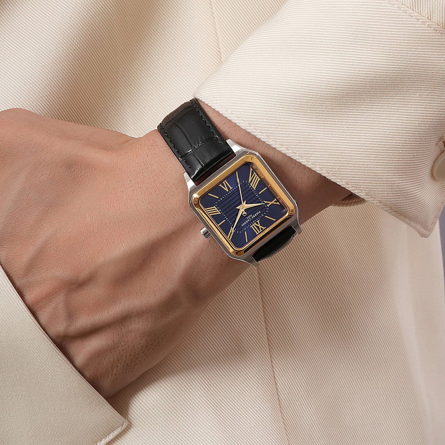 Ménilmontant Carré Men’s Square Watch - Two-Tone Gold & Silver Case, Blue Dial with Black Leather Strap - Image 8
