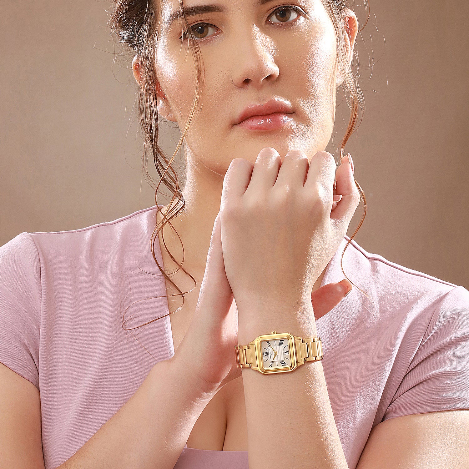 Ménilmontant Carré Women’s Square Watch - Gold Case, Champagne Dial with Gold Metal Strap - Image 9