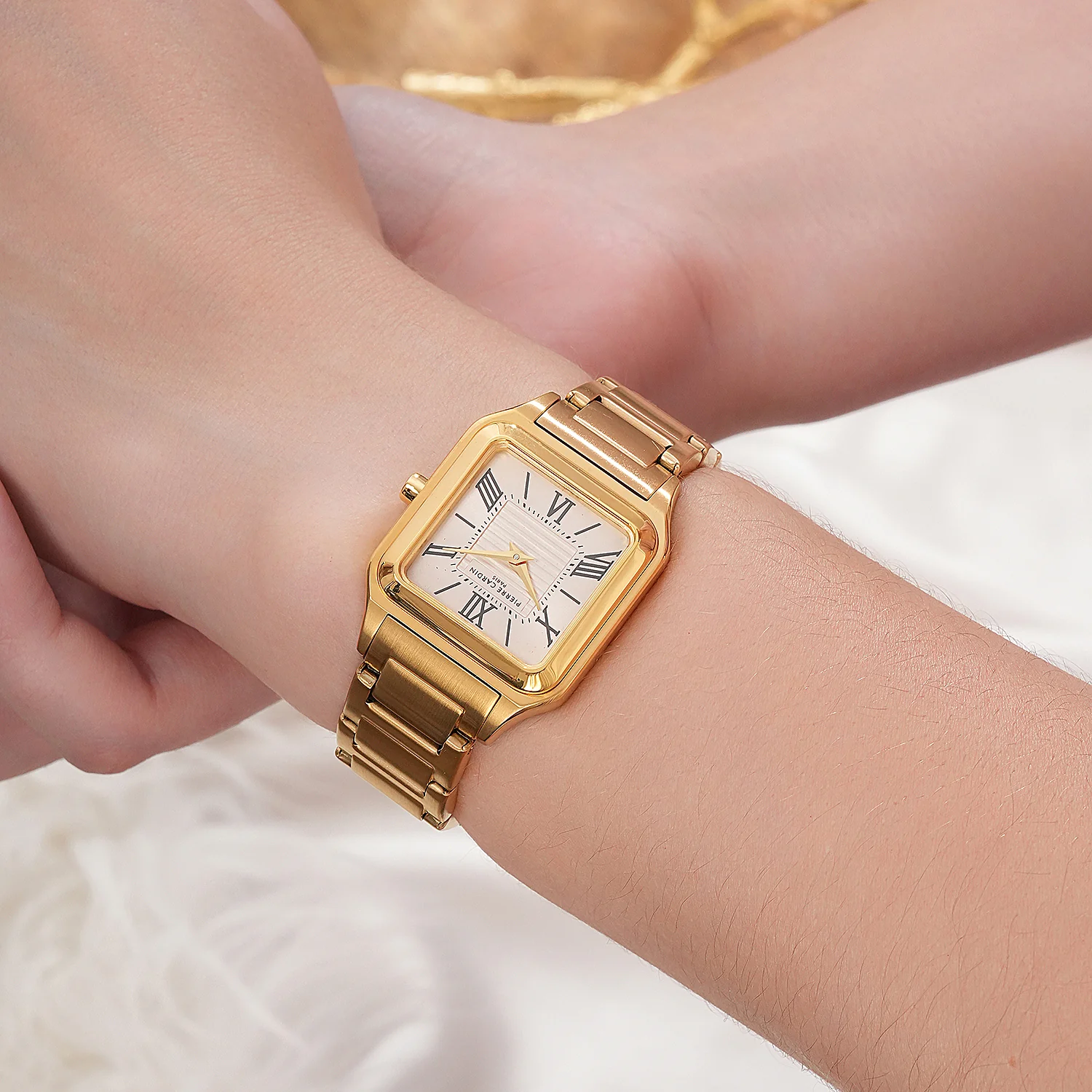 Ménilmontant Carré Women’s Square Watch - Gold Case, White Mother of Pearl Look Dial with Gold Metal Strap - Image 5