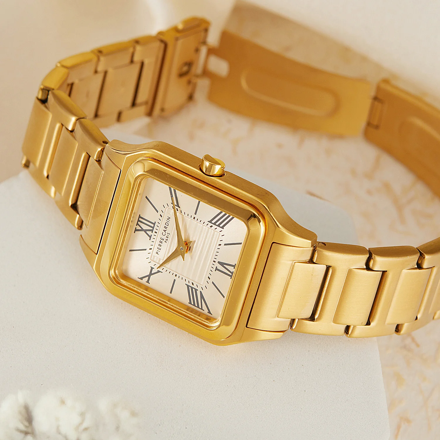 Ménilmontant Carré Women’s Square Watch - Gold Case, White Mother of Pearl Look Dial with Gold Metal Strap - Image 6