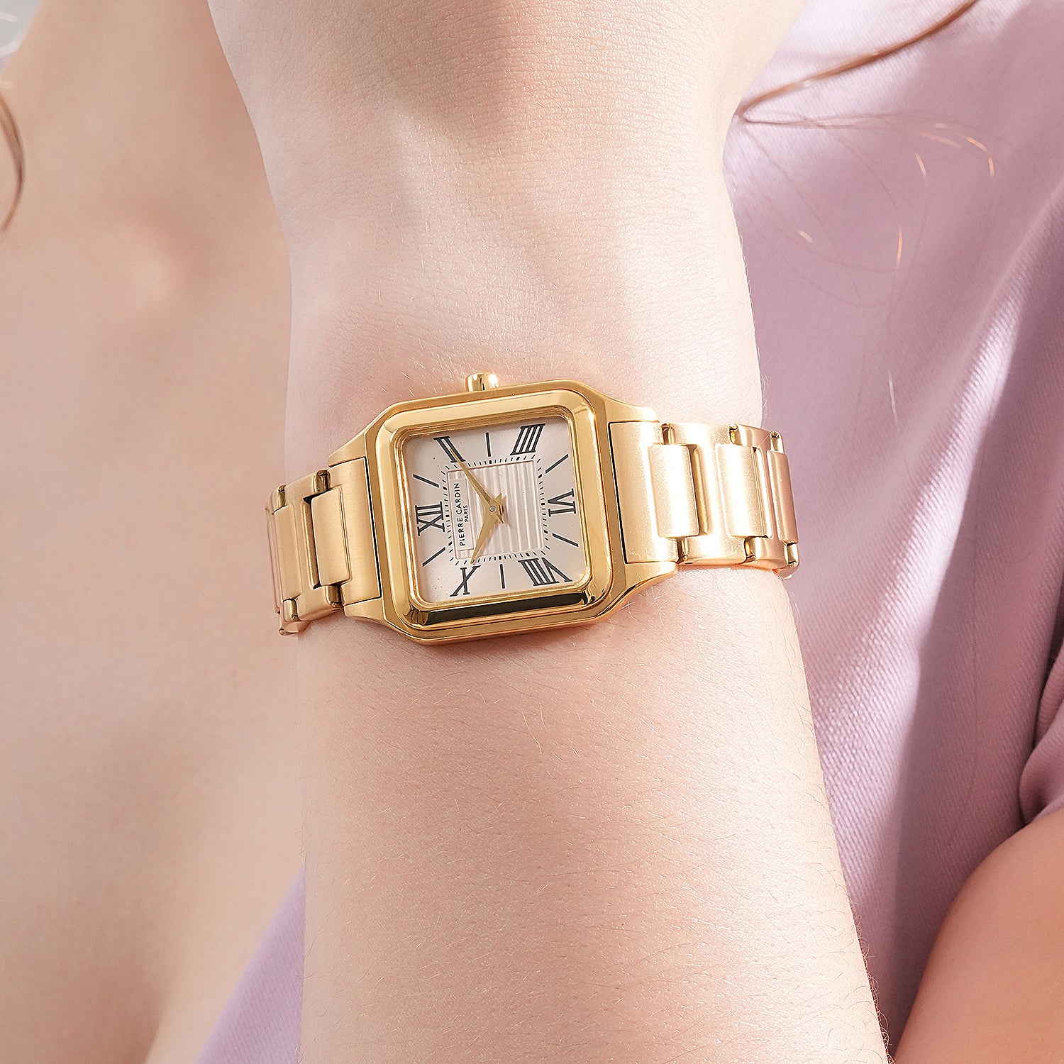 Ménilmontant Carré Women’s Square Watch - Gold Case, White Mother of Pearl Look Dial with Gold Metal Strap - Image 8