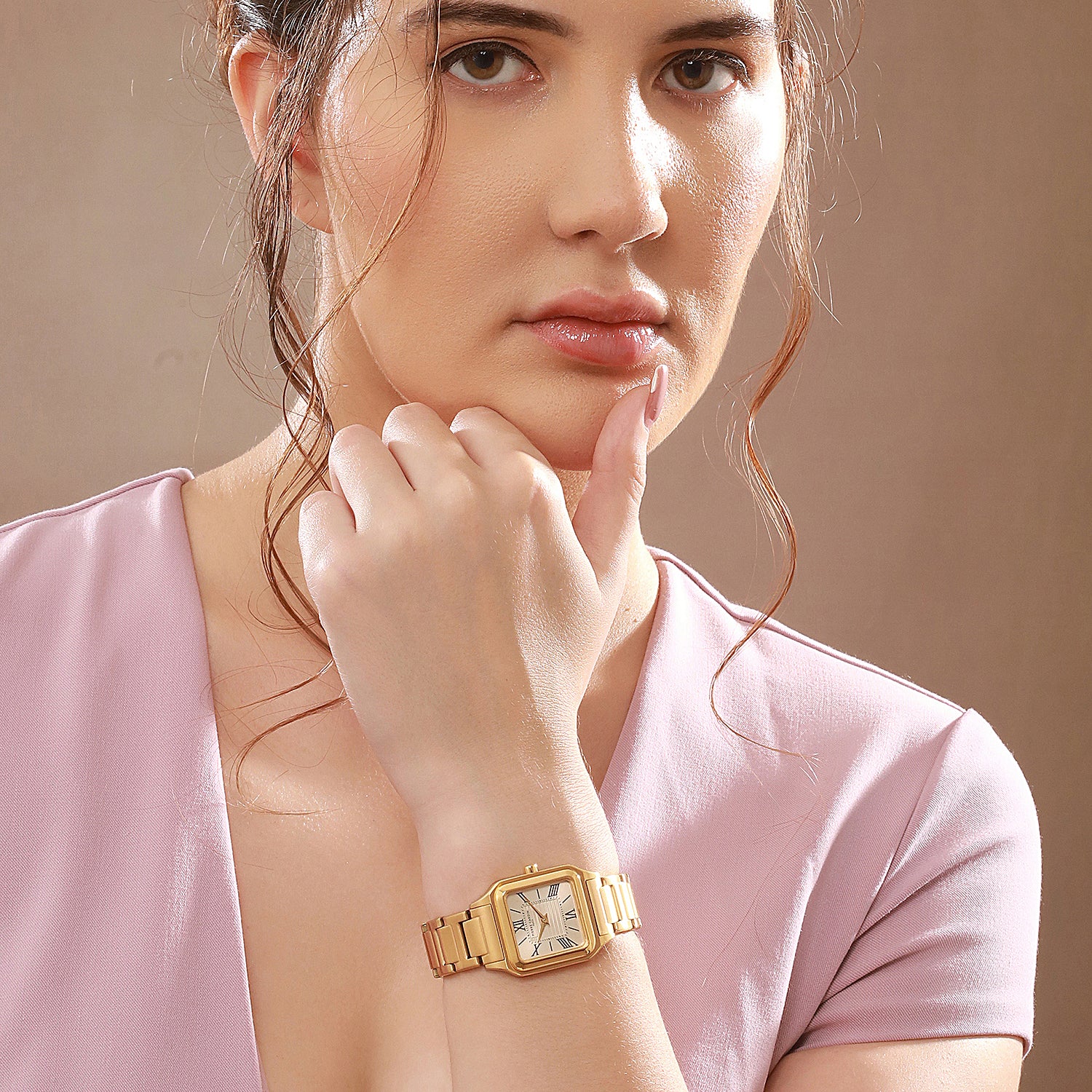 Ménilmontant Carré Women’s Square Watch - Gold Case, White Mother of Pearl Look Dial with Gold Metal Strap - Image 9