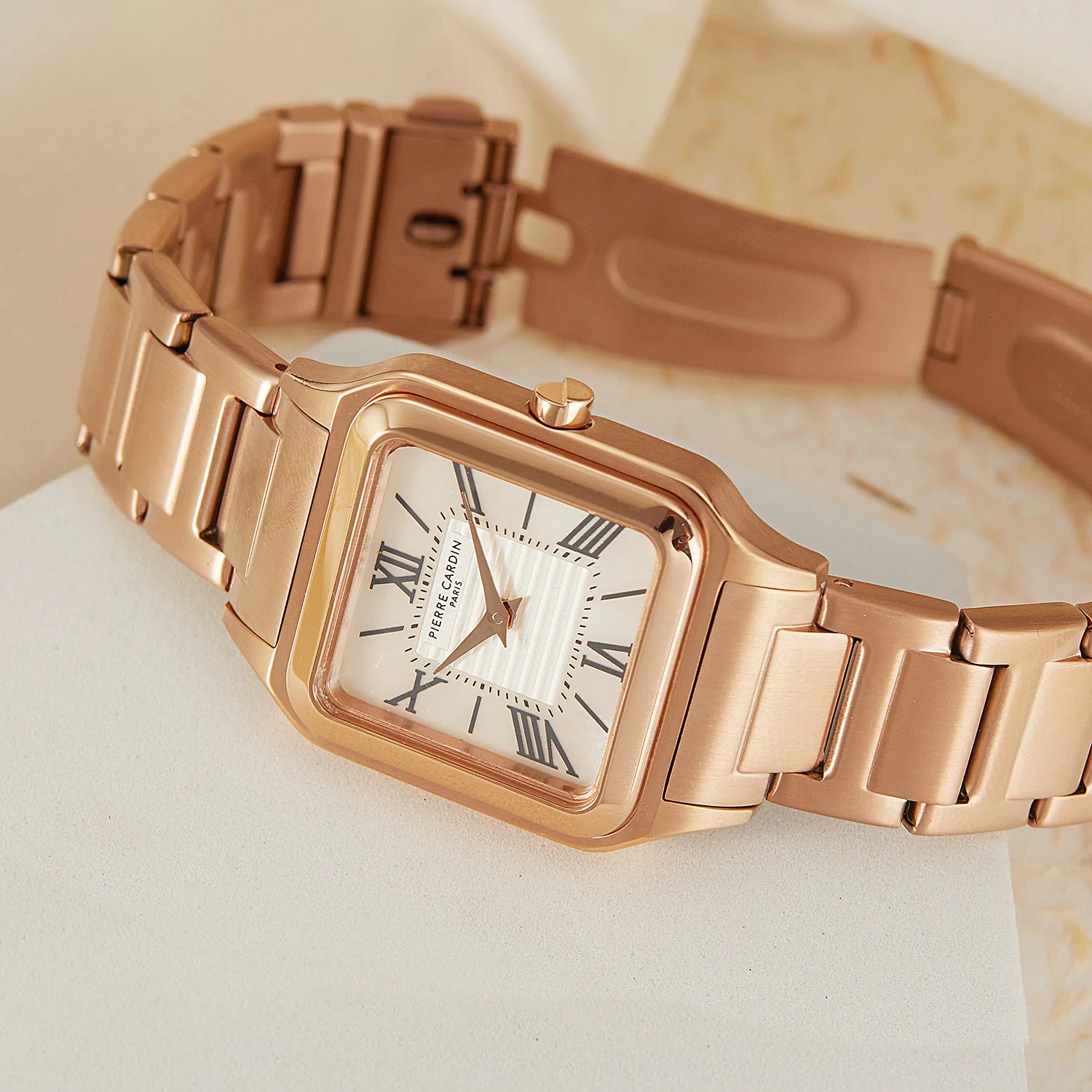 Ménilmontant Carré Women’s Square Watch - Rose Gold Case, White Mother of Pearl Look Dial with Rose Gold Metal Strap - Image 6