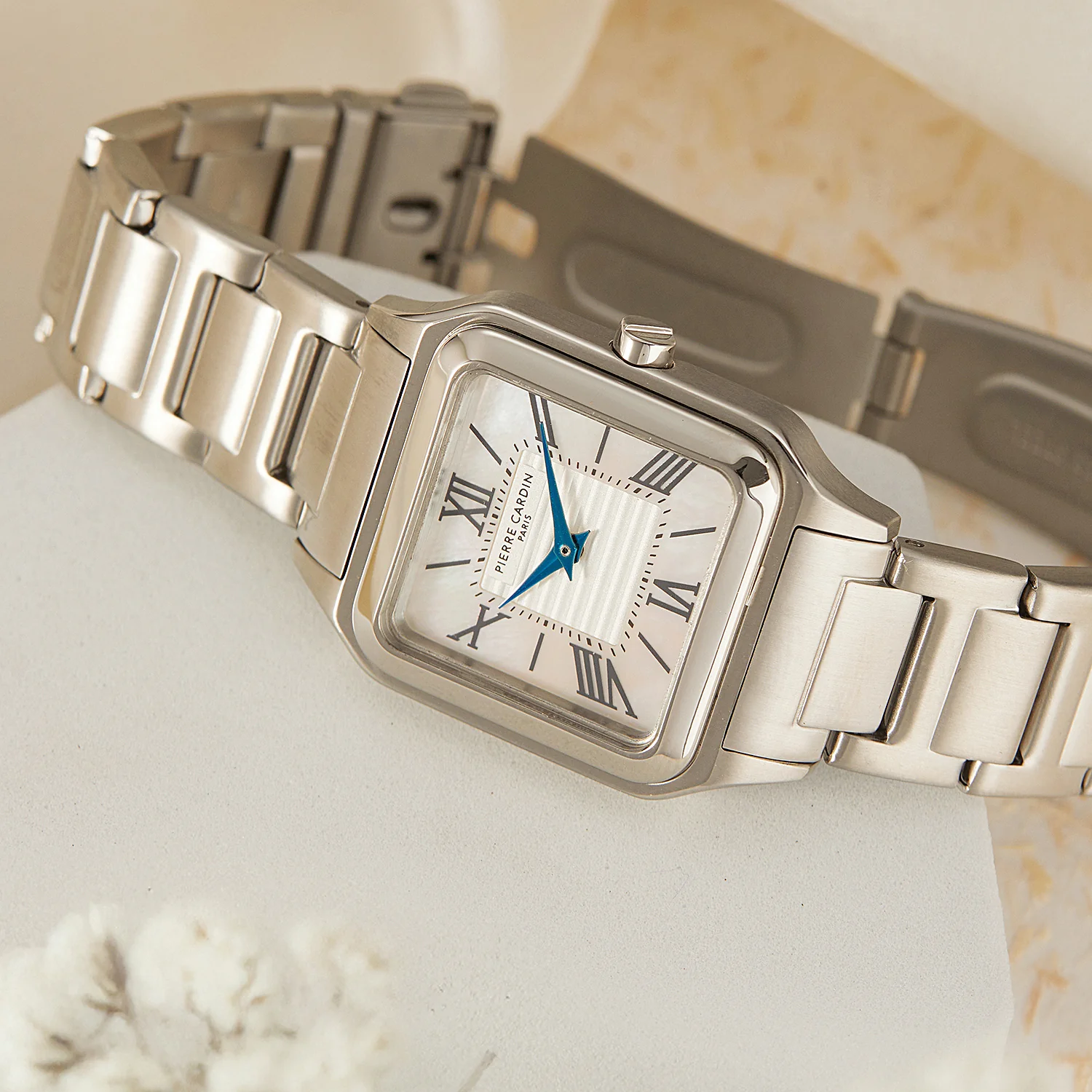 Ménilmontant Carré Women’s Square Watch - Silver Case, White Mother of Pearl Dial Look with Silver Metal Strap - Image 5