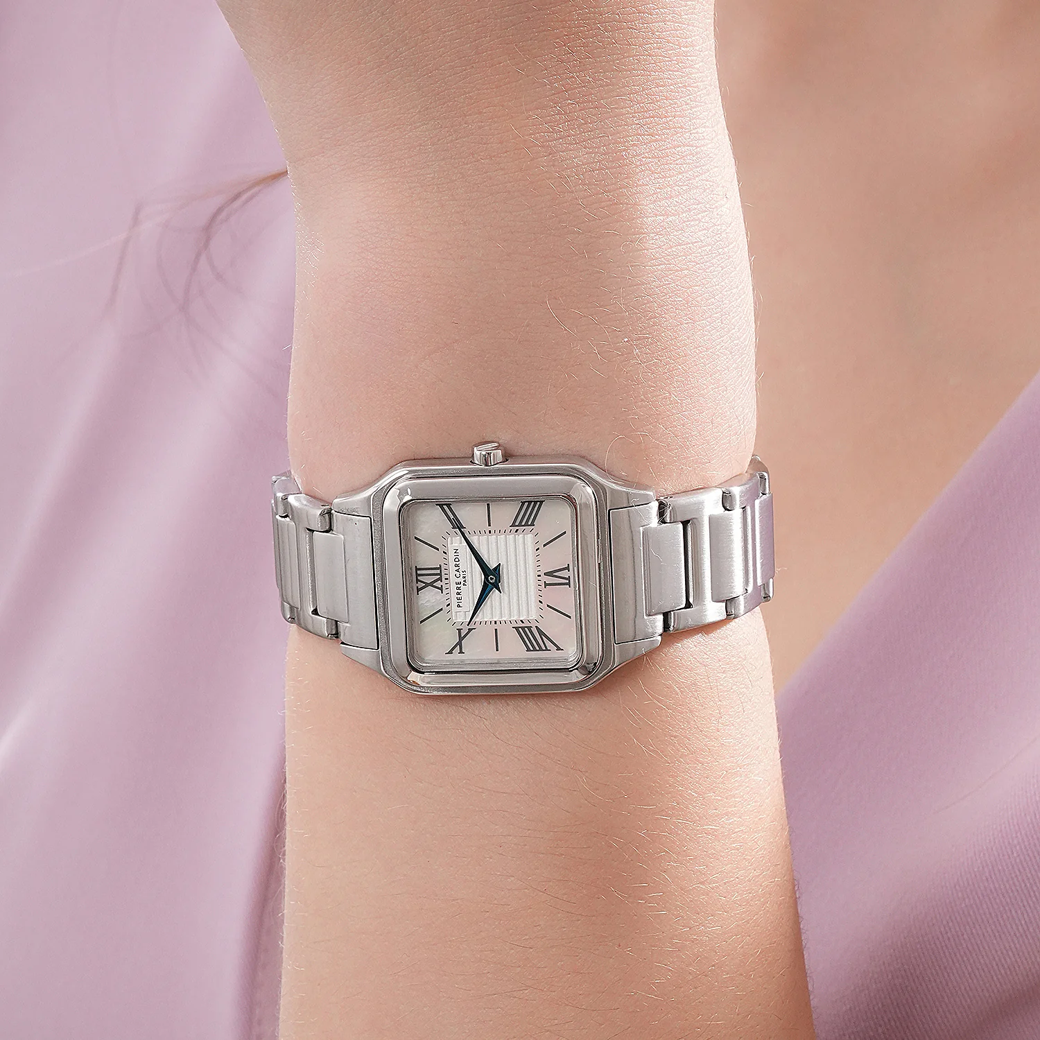Ménilmontant Carré Women’s Square Watch - Silver Case, White Mother of Pearl Dial Look with Silver Metal Strap - Image 7