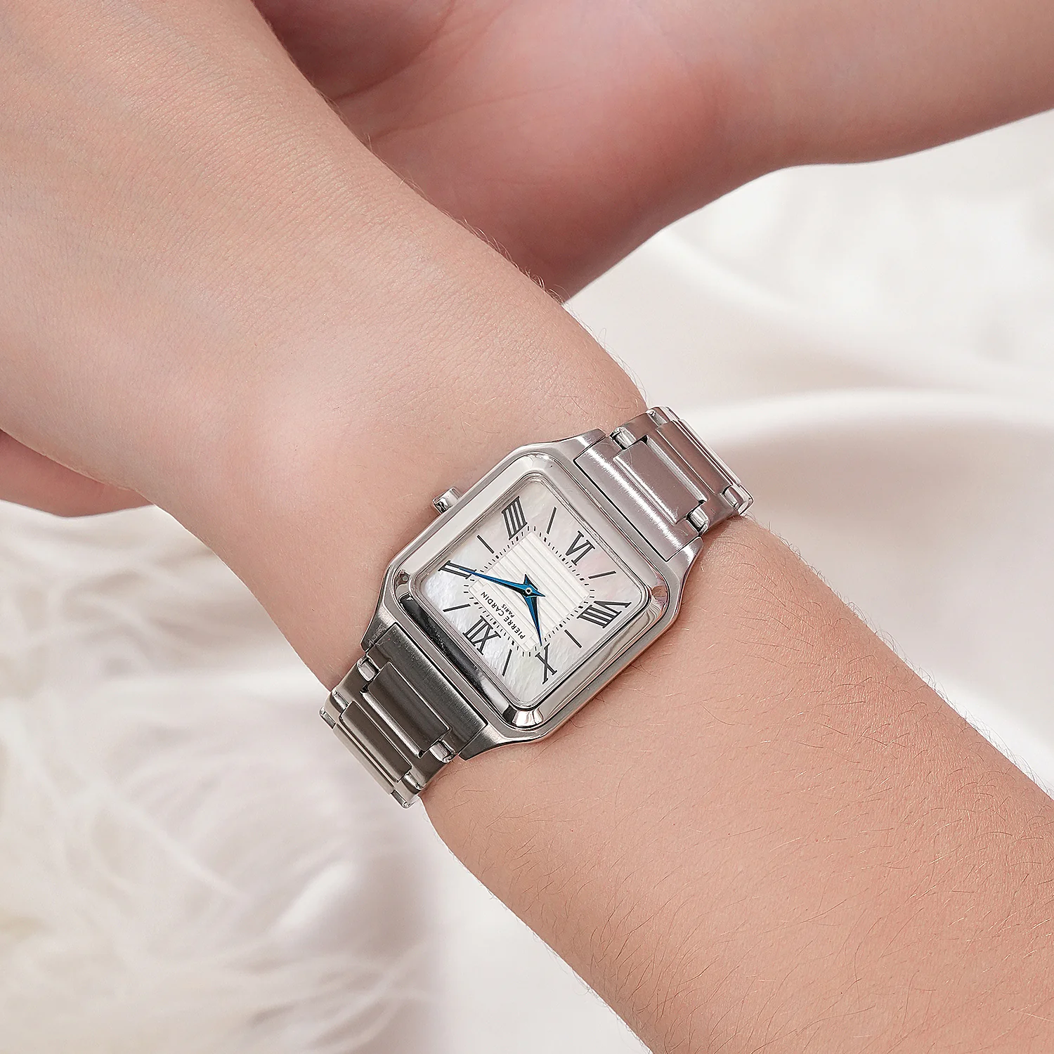 Ménilmontant Carré Women’s Square Watch - Silver Case, White Mother of Pearl Dial Look with Silver Metal Strap - Image 8
