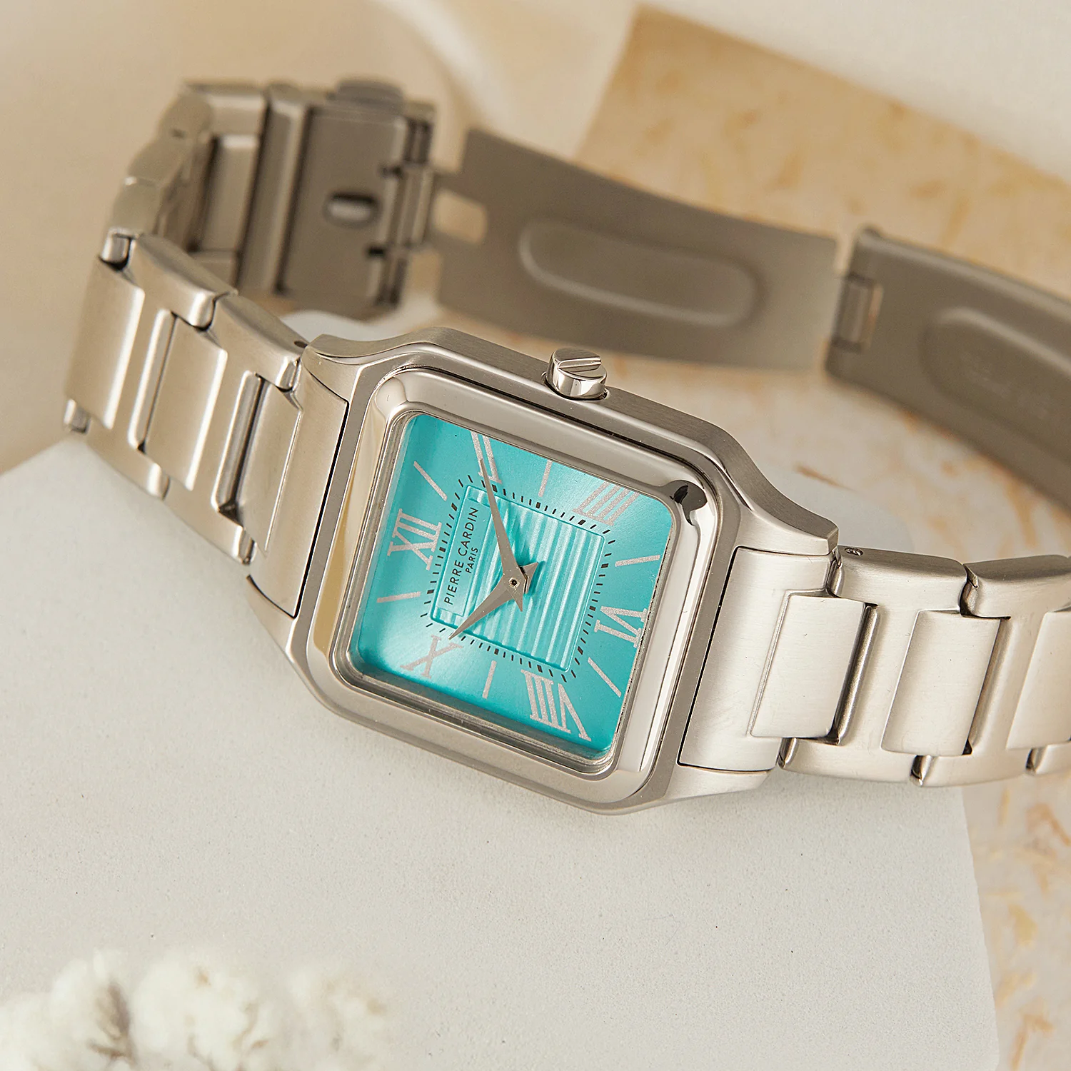 Ménilmontant Carré Women’s Square Watch - Silver Case, Celeste Blue Dial with Silver Metal Strap - Image 5