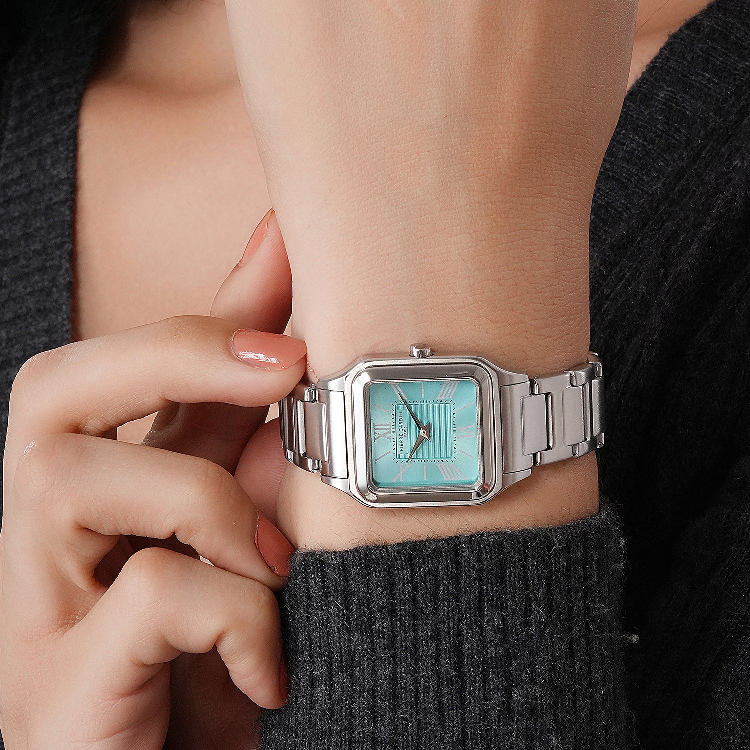 Ménilmontant Carré Women’s Square Watch - Silver Case, Celeste Blue Dial with Silver Metal Strap - Image 7