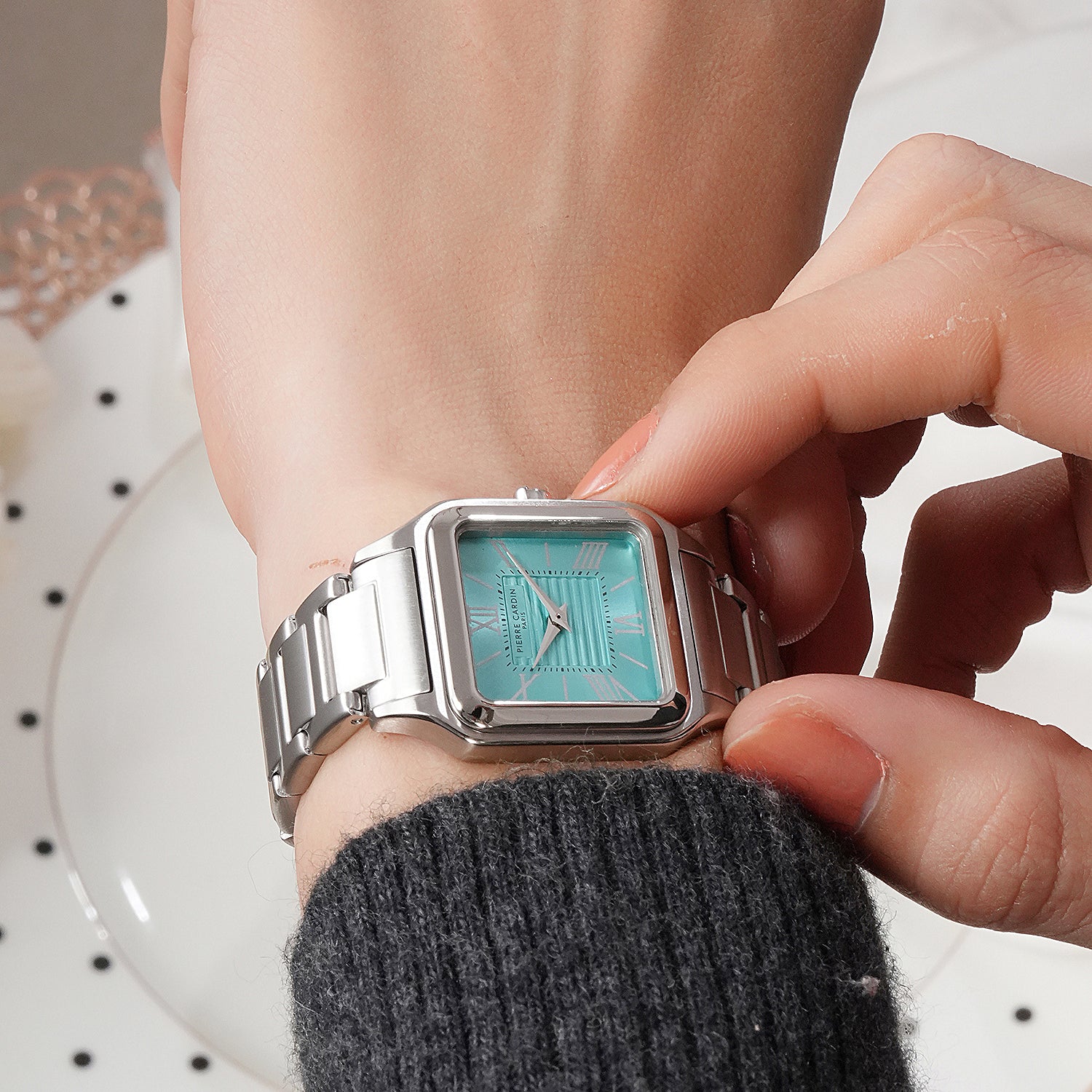 Ménilmontant Carré Women’s Square Watch - Silver Case, Celeste Blue Dial with Silver Metal Strap - Image 8