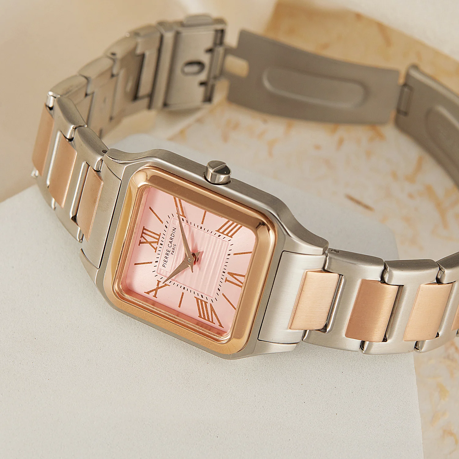 Ménilmontant Carré Women’s Square Watch - Two-Tone Rose Gold & Silver Case, Pale Pink Dial with Two-Tone Metal Strap - Image 5