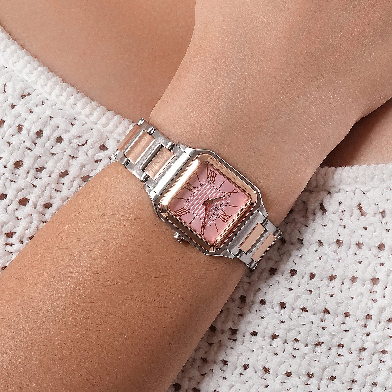 Ménilmontant Carré Women’s Square Watch - Two-Tone Rose Gold & Silver Case, Pale Pink Dial with Two-Tone Metal Strap - Image 7
