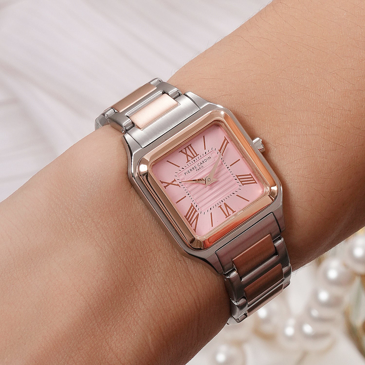 Ménilmontant Carré Women’s Square Watch - Two-Tone Rose Gold & Silver Case, Pale Pink Dial with Two-Tone Metal Strap - Image 8