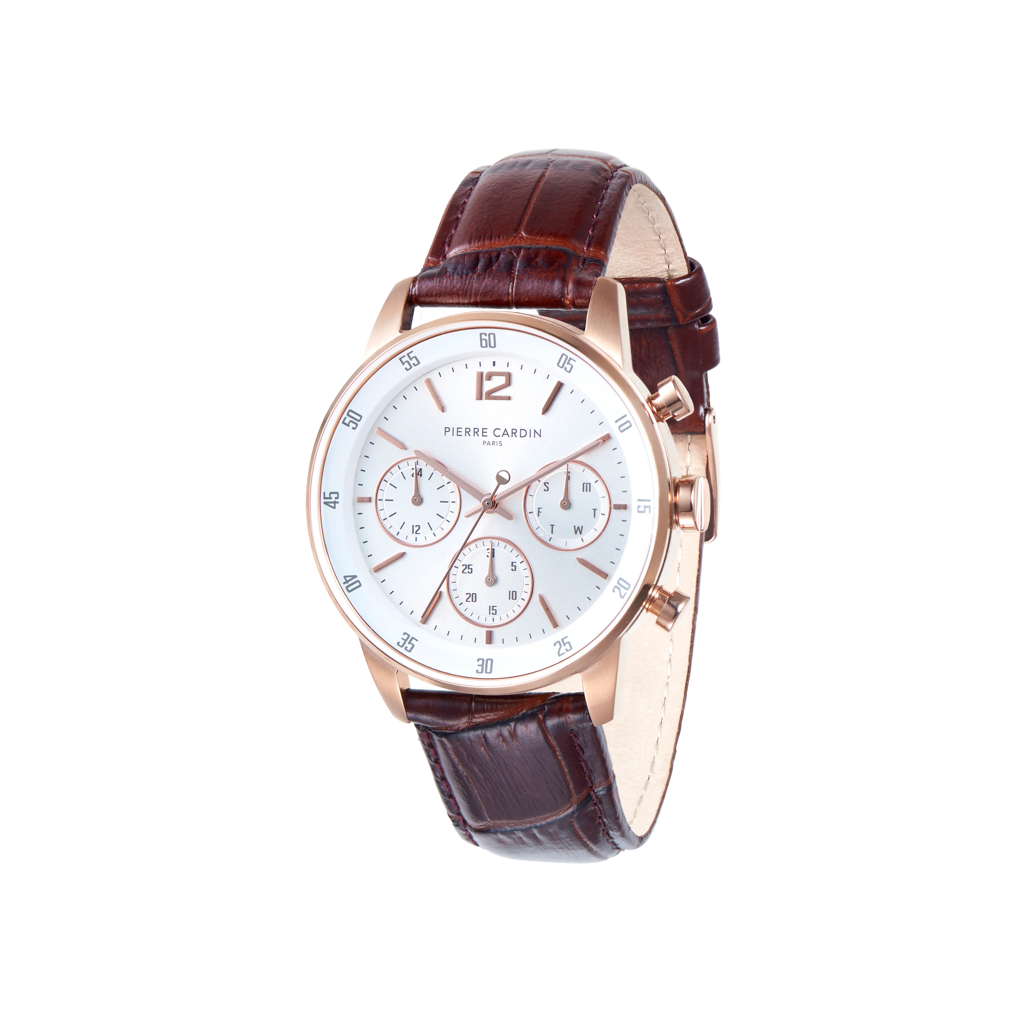 Montrouge Prim Rosegold with White Dial Multifunction watch with Brown Leather Strap