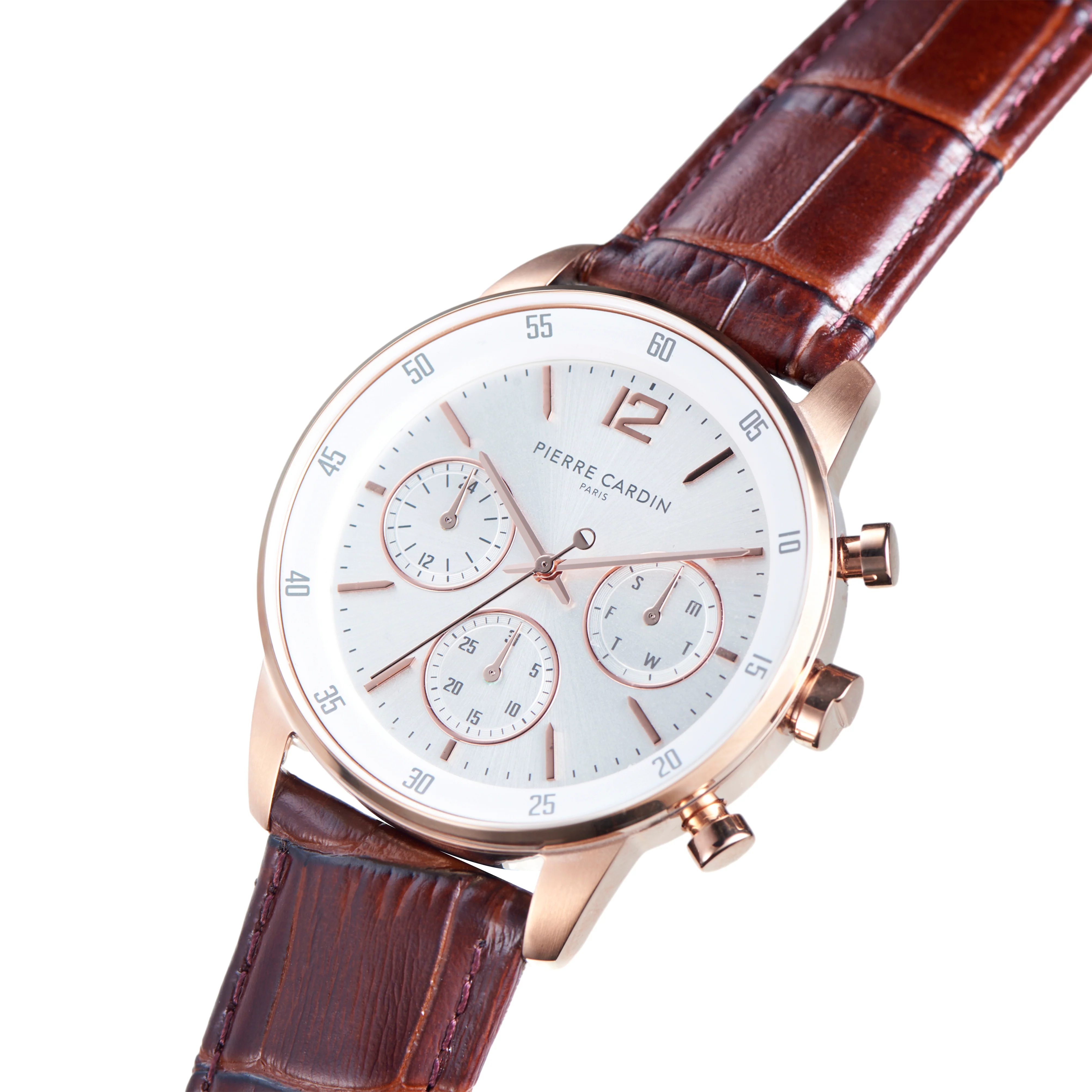Montrouge Prim Rosegold with White Dial Multifunction watch with Brown Leather Strap - Image 2