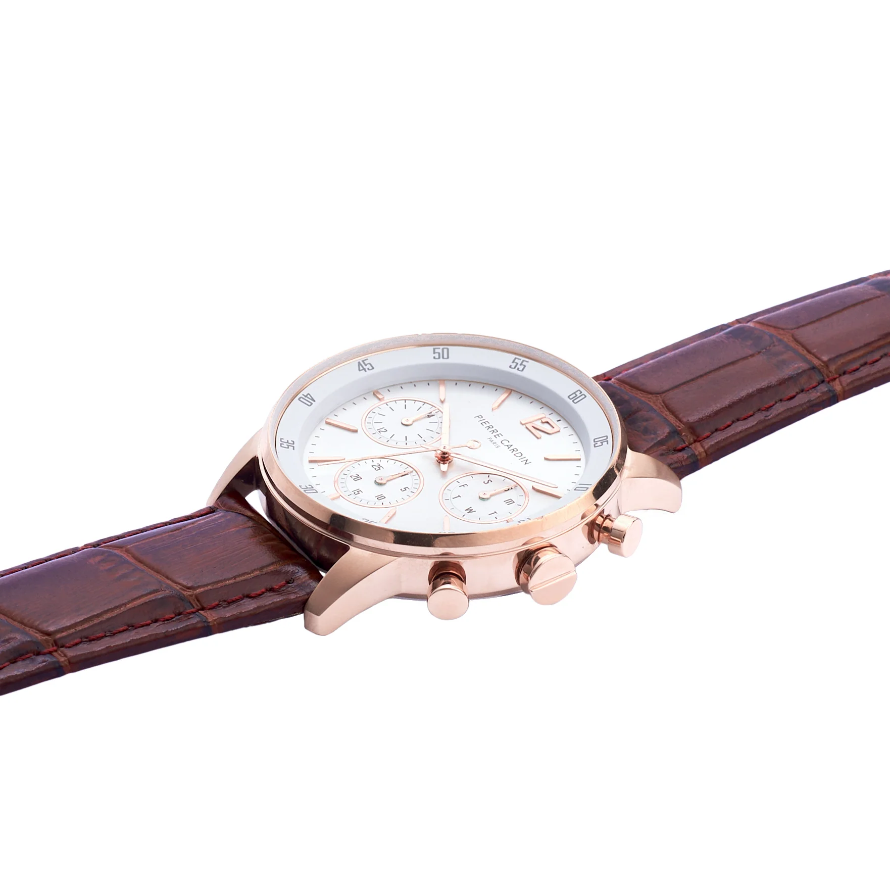 Montrouge Prim Rosegold with White Dial Multifunction watch with Brown Leather Strap - Image 3