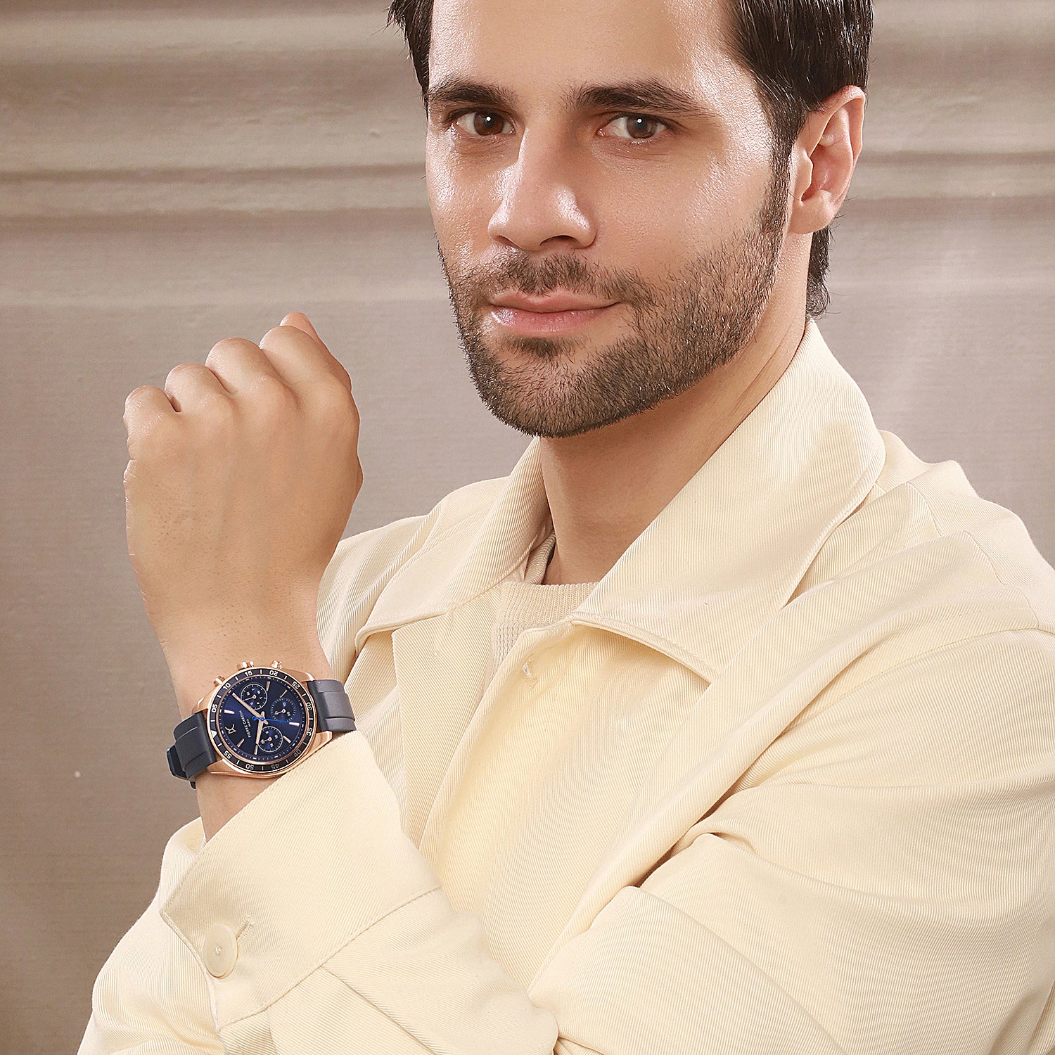 Nation Cristal Men’s 42mm Multifunction Watch - Rose Gold Case, Blue Dial, Blue Bezel with Blue Silicone Strap - Image 8