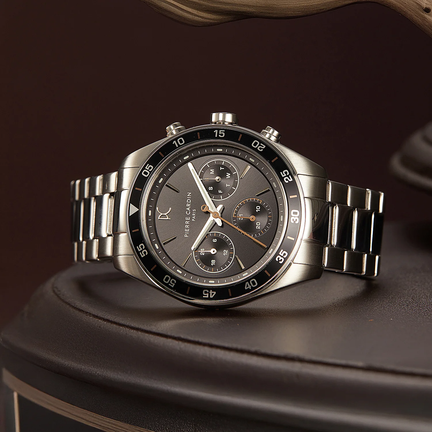 Nation Cristal Men’s 42mm Multifunction Watch - Silver Case, Black Dial, Black Bezel with Silver Metal Strap - Image 5