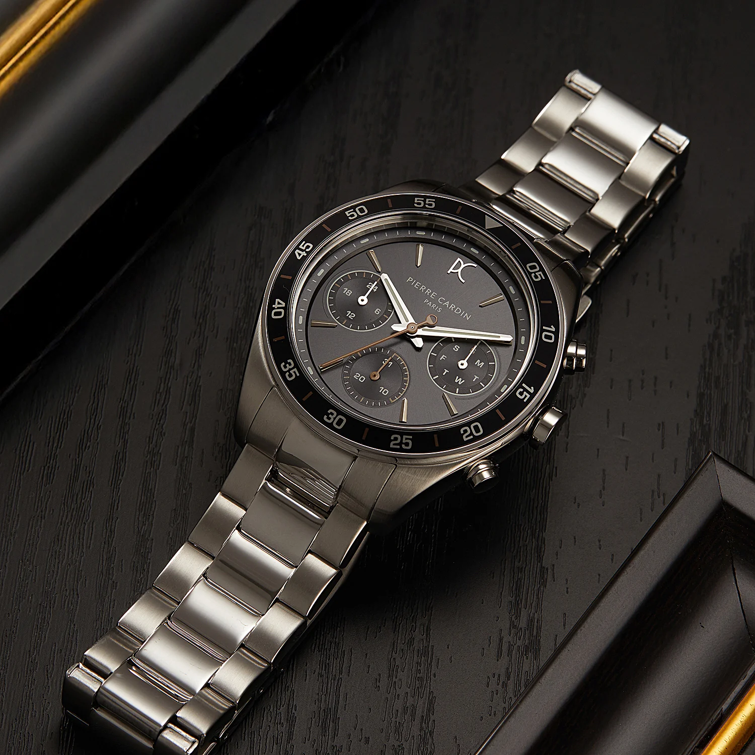 Nation Cristal Men’s 42mm Multifunction Watch - Silver Case, Black Dial, Black Bezel with Silver Metal Strap - Image 6