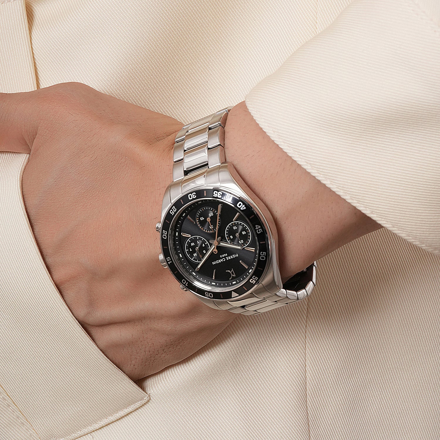 Nation Cristal Men’s 42mm Multifunction Watch - Silver Case, Black Dial, Black Bezel with Silver Metal Strap - Image 8