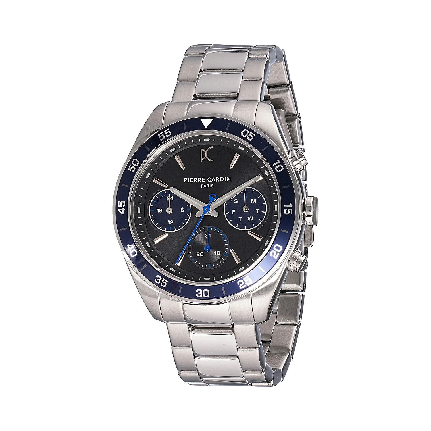 Nation Cristal Men’s 42mm Multifunction Watch - Silver Case, Black Dial with Blue Panda Eyes, Blue Bezel, and Silver Metal Strap