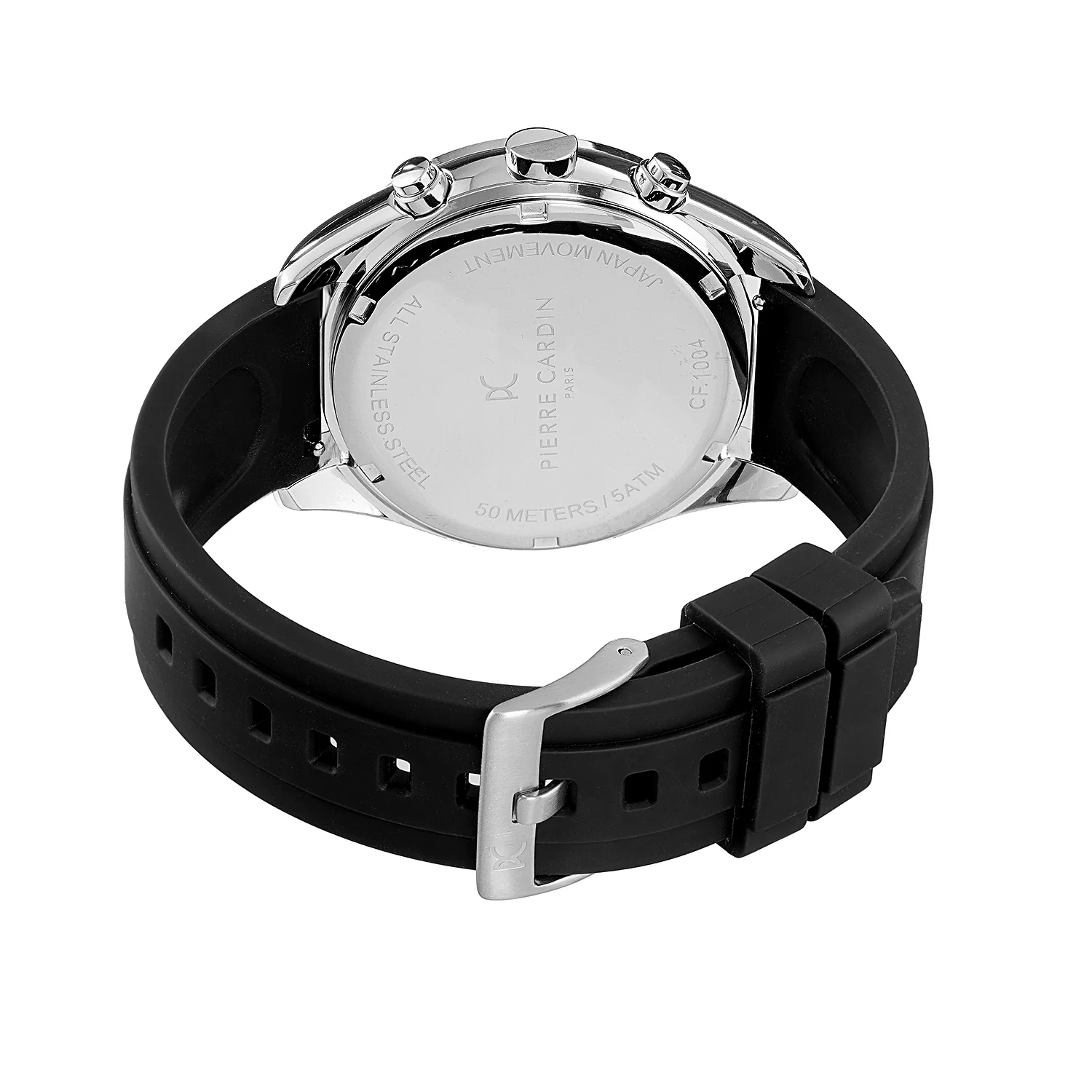 Nation Cristal Men’s 42mm Multifunction Watch - Silver Case, Black Dial with Wine Panda Eyes, Wine Bezel, and Black Silicone Strap - Image 3