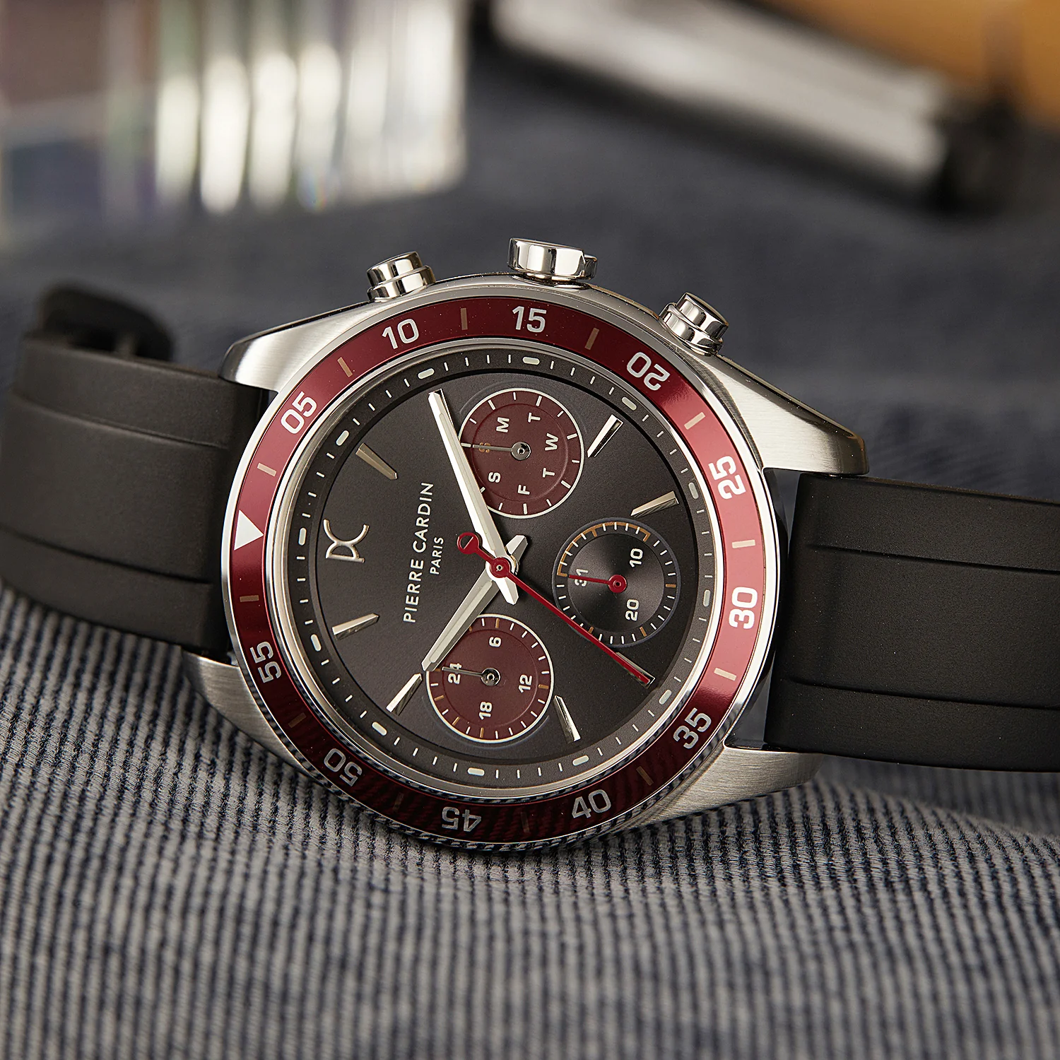 Nation Cristal Men’s 42mm Multifunction Watch - Silver Case, Black Dial with Wine Panda Eyes, Wine Bezel, and Black Silicone Strap - Image 5