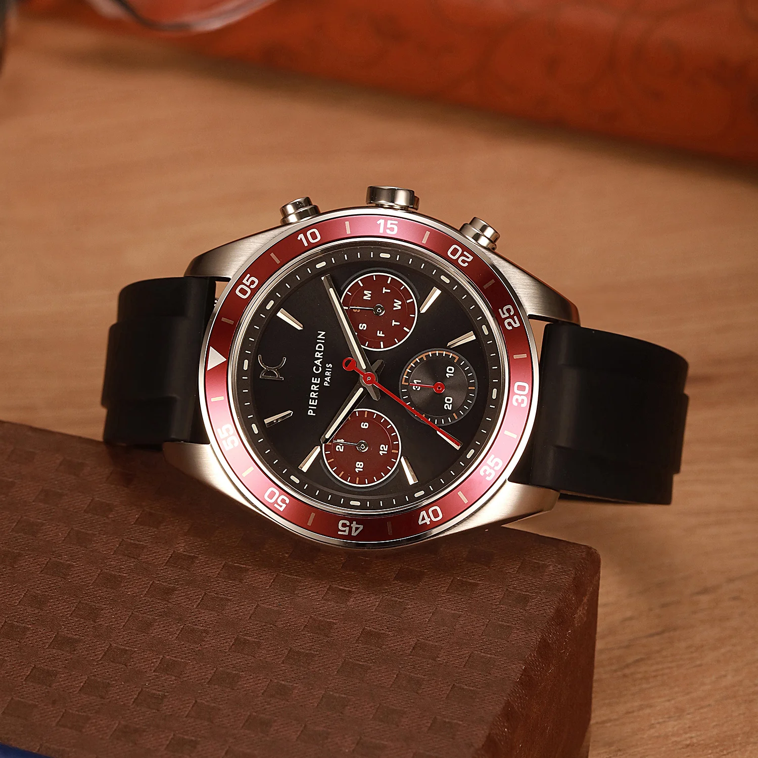 Nation Cristal Men’s 42mm Multifunction Watch - Silver Case, Black Dial with Wine Panda Eyes, Wine Bezel, and Black Silicone Strap - Image 6