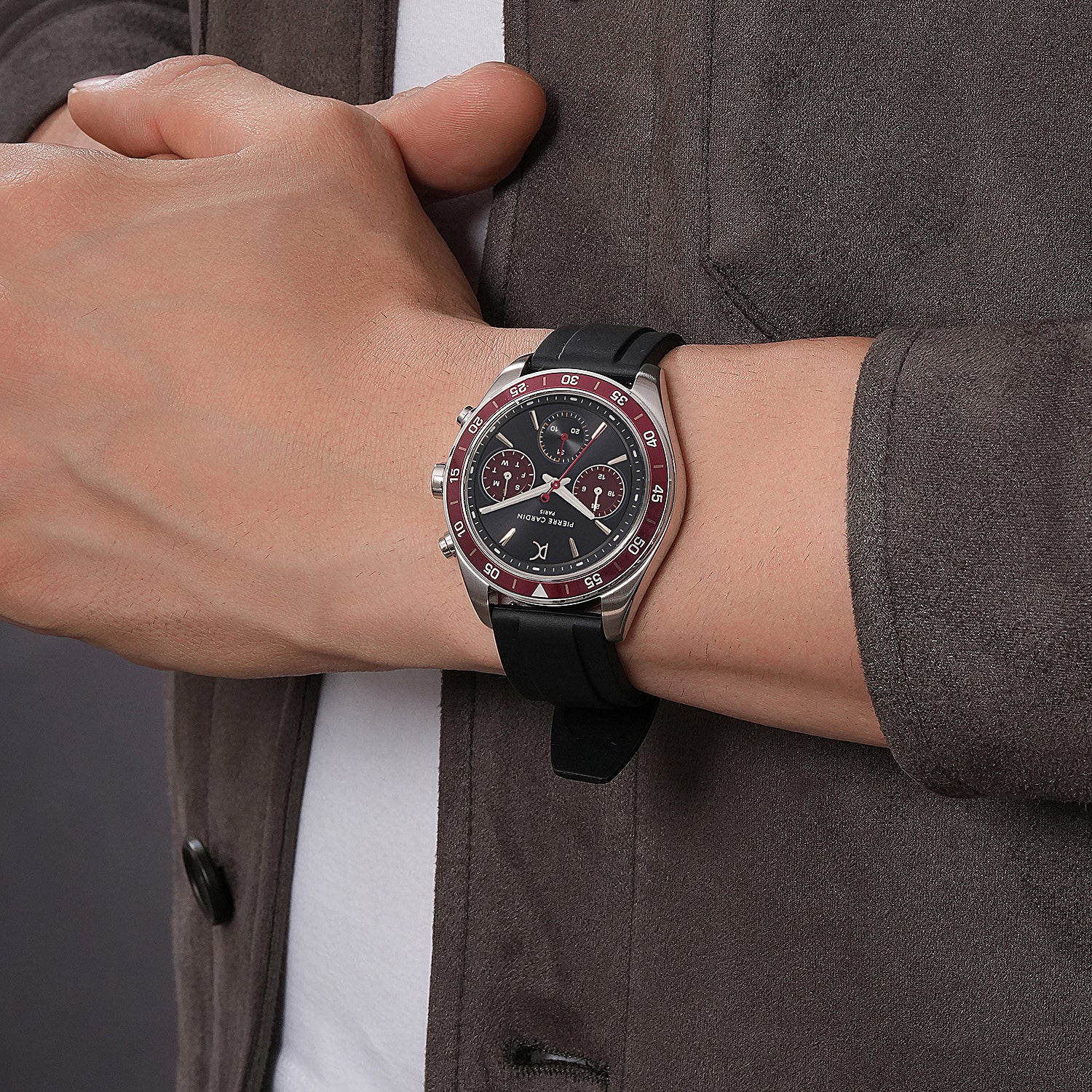Nation Cristal Men’s 42mm Multifunction Watch - Silver Case, Black Dial with Wine Panda Eyes, Wine Bezel, and Black Silicone Strap - Image 7