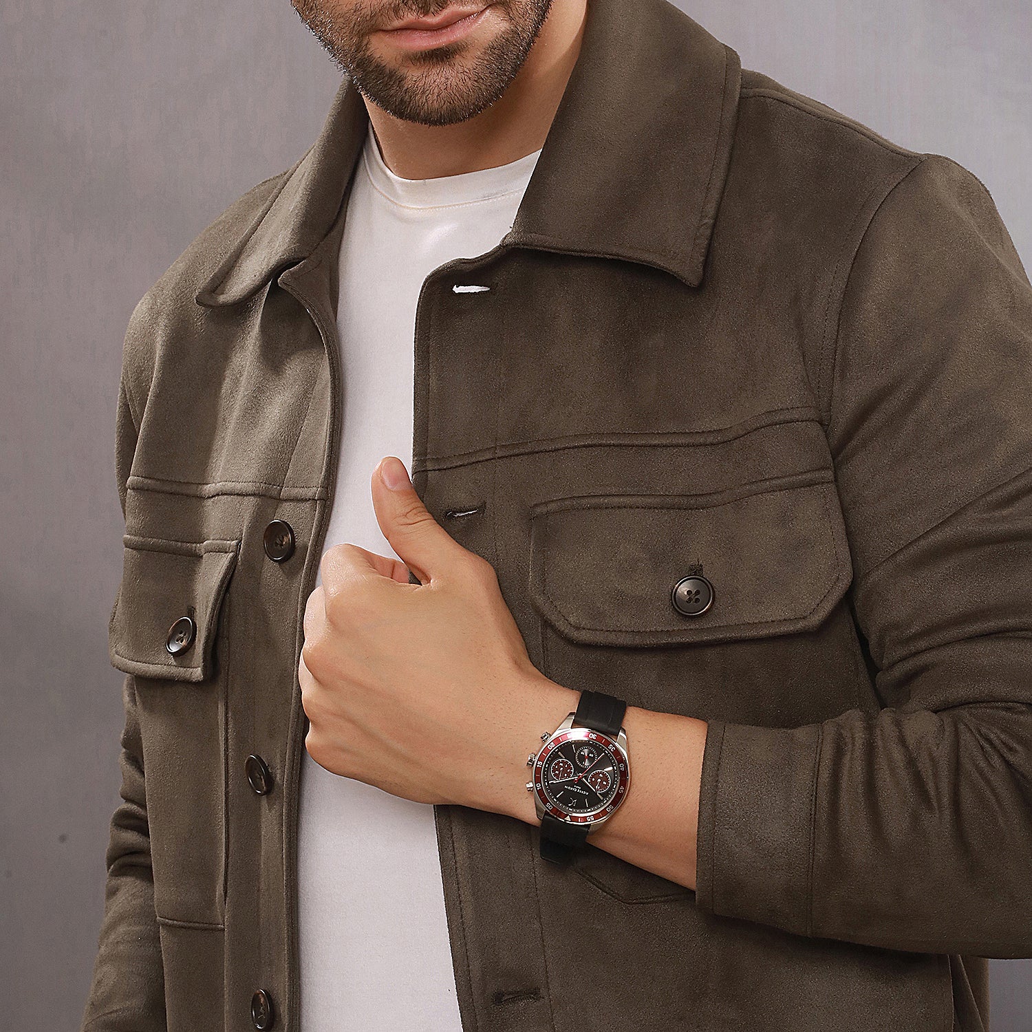 Nation Cristal Men’s 42mm Multifunction Watch - Silver Case, Black Dial with Wine Panda Eyes, Wine Bezel, and Black Silicone Strap - Image 8