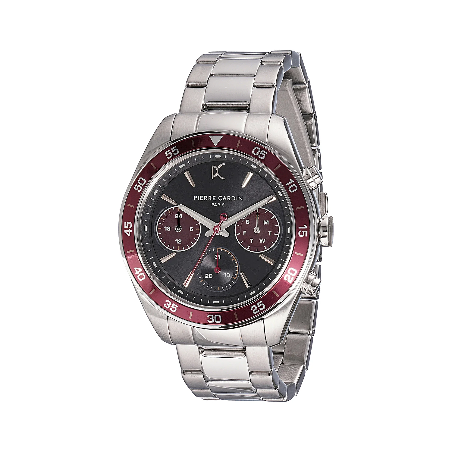 Nation Cristal Men’s 42mm Multifunction Watch - Silver Case, Black Dial with Wine Panda Eyes, Wine Bezel, and Silver Metal Strap