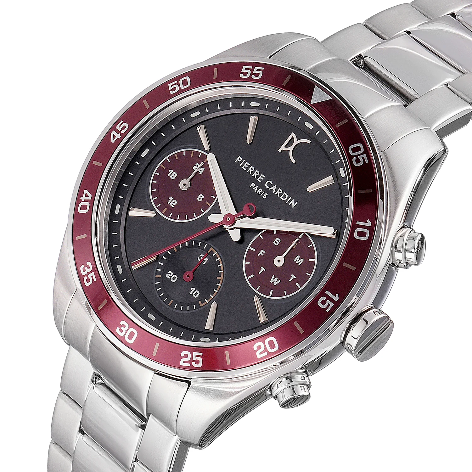 Nation Cristal Men’s 42mm Multifunction Watch - Silver Case, Black Dial with Wine Panda Eyes, Wine Bezel, and Silver Metal Strap - Image 2
